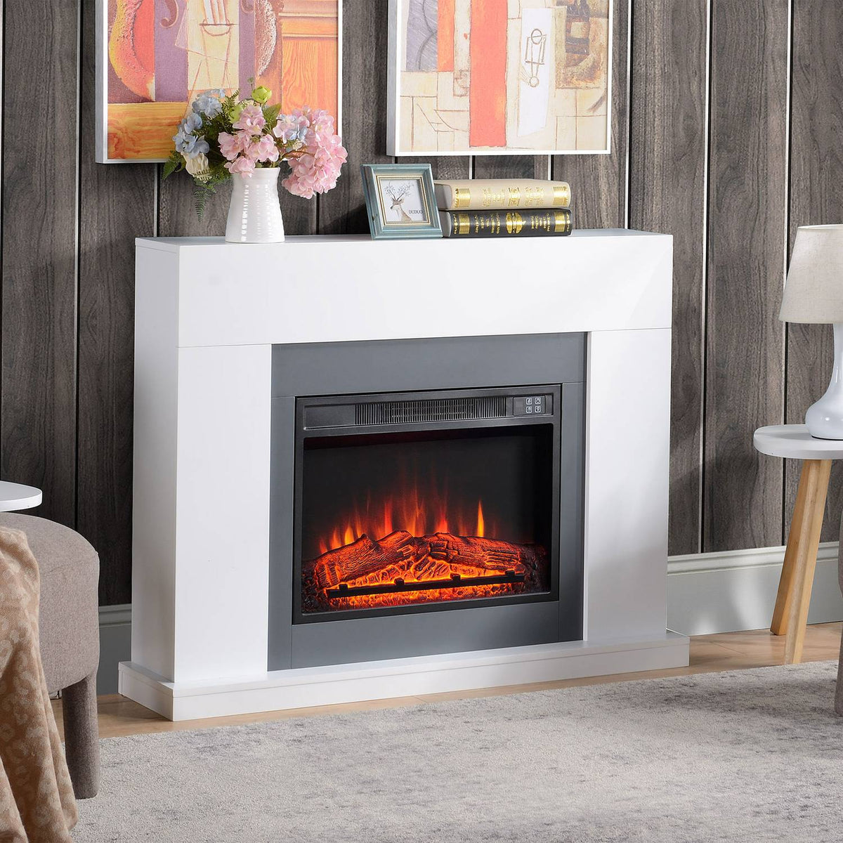 LED electric fireplace, freestanding fireplace, fireplace with flame effect, 1800/2000W, interior heating, decorative fireplace, MDF white, 113x26.6x87.5cm for a cozy atmosphere