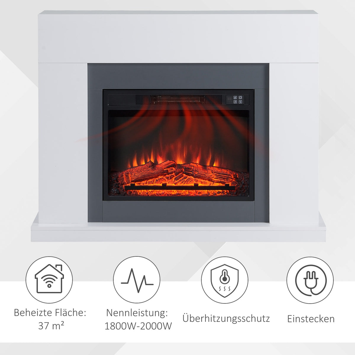 LED electric fireplace, freestanding fireplace, fireplace with flame effect, 1800/2000W, interior heating, decorative fireplace, MDF white, 113x26.6x87.5cm for a cozy atmosphere