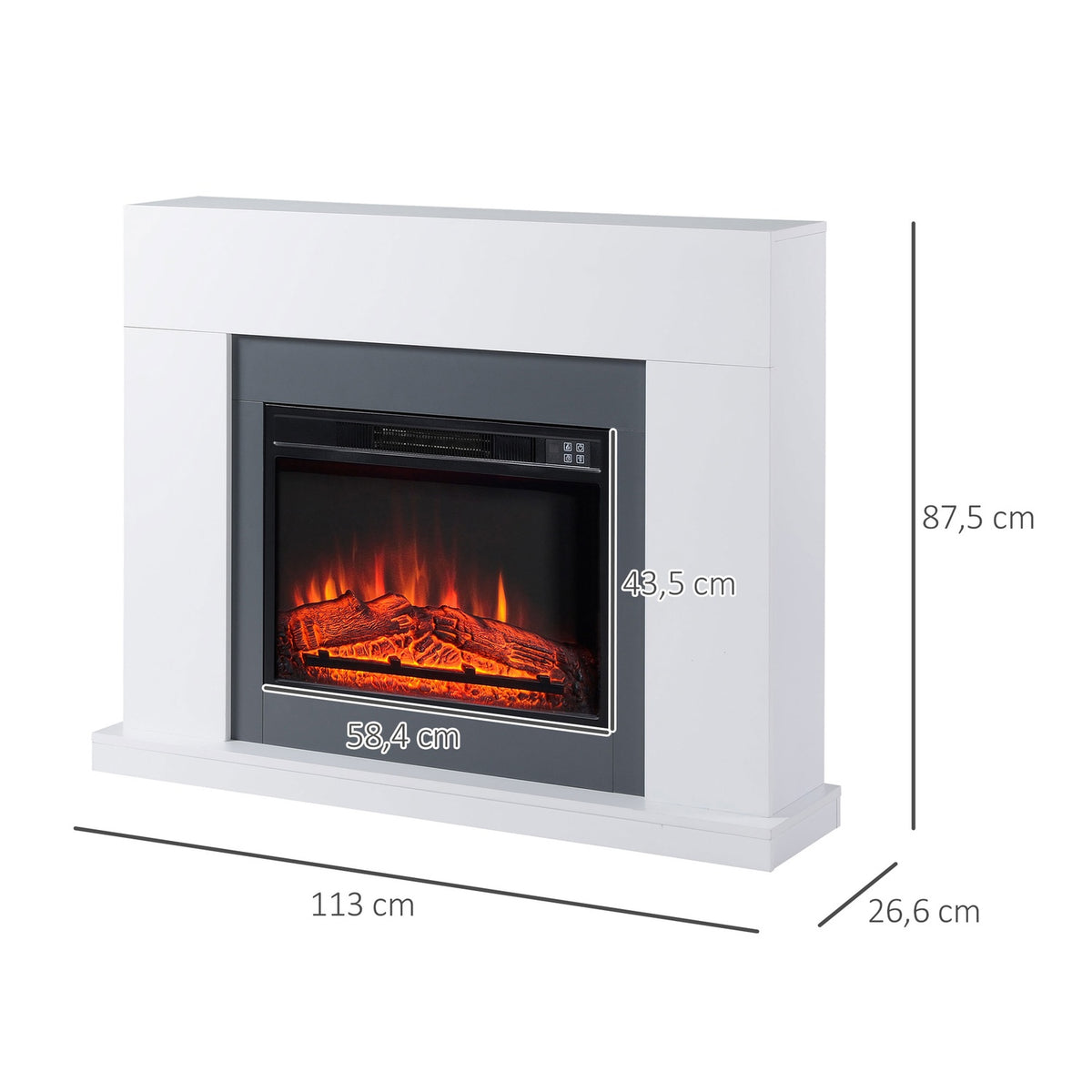 LED electric fireplace, freestanding fireplace, fireplace with flame effect, 1800/2000W, interior heating, decorative fireplace, MDF white, 113x26.6x87.5cm for a cozy atmosphere