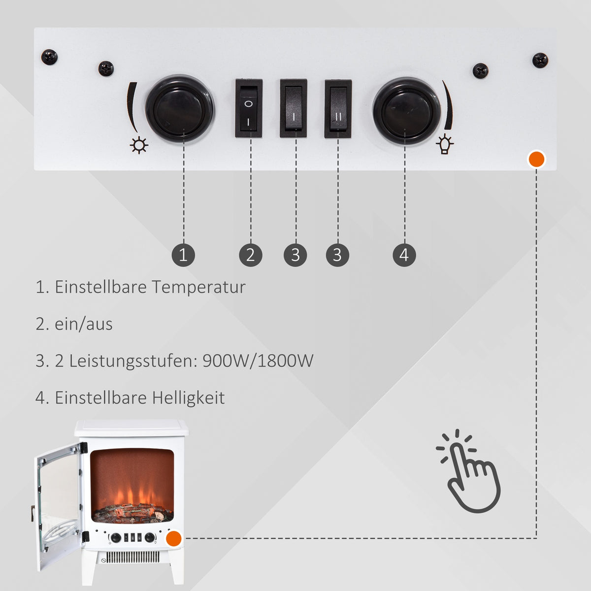 LED electric fireplace freestanding fireplace with flame effect 900/1800W metal & ABS plastic in white 39 x 26 x 54.8 cm for a cozy atmosphere