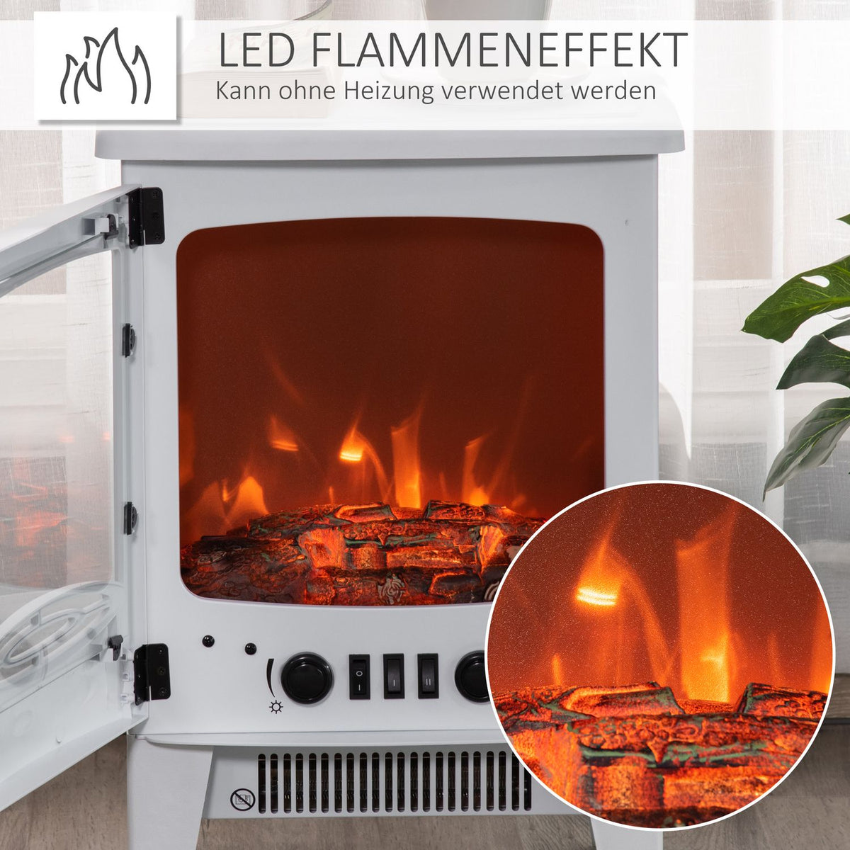 LED electric fireplace freestanding fireplace with flame effect 900/1800W metal & ABS plastic in white 39 x 26 x 54.8 cm for a cozy atmosphere
