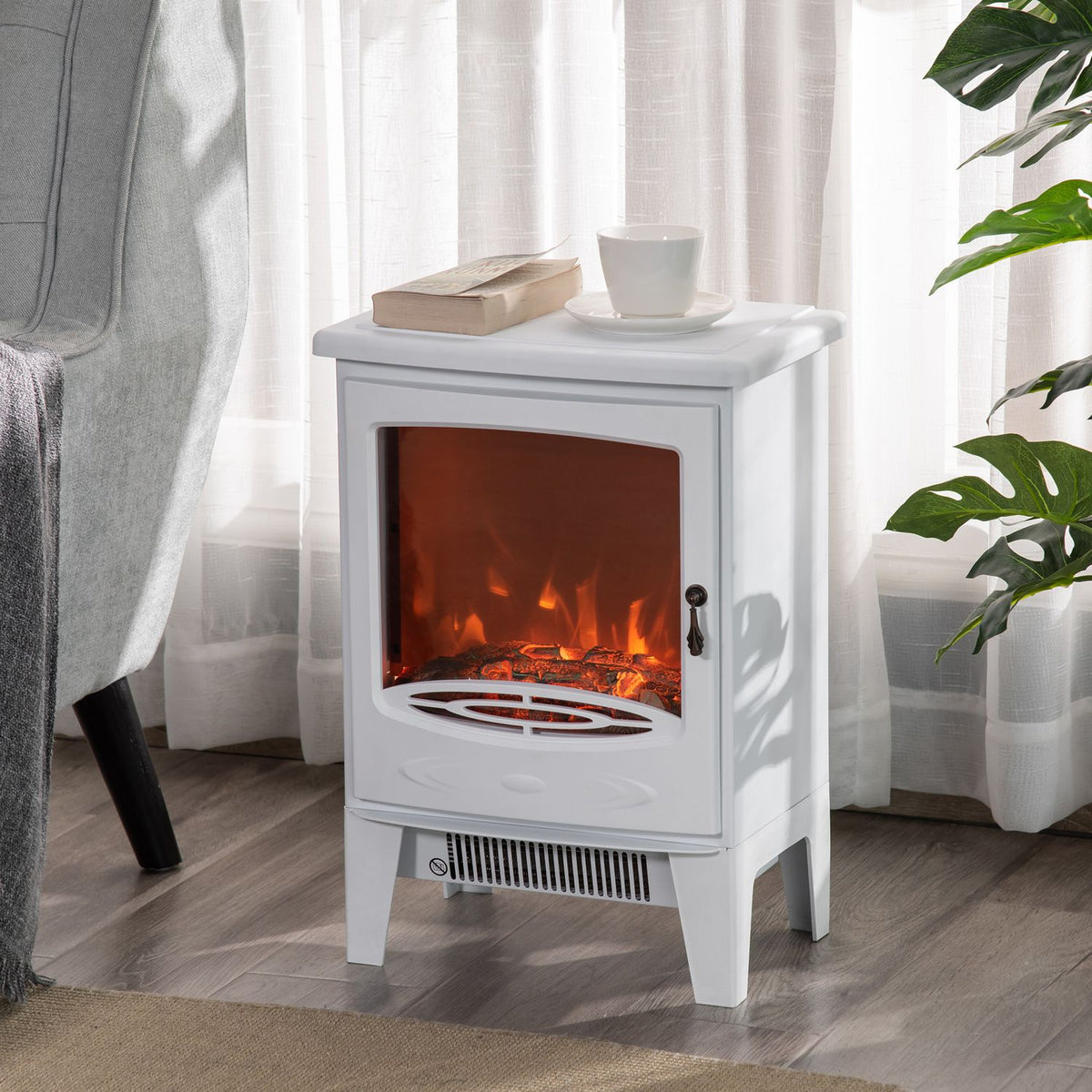 LED electric fireplace freestanding fireplace with flame effect 900/1800W metal & ABS plastic in white 39 x 26 x 54.8 cm for a cozy atmosphere