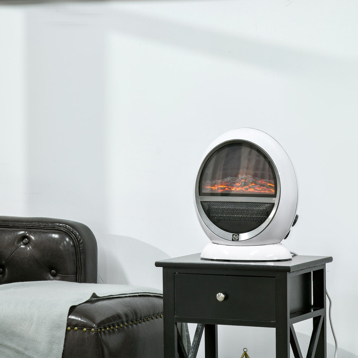 LED electric fireplace mini table fireplace 1500W with flame effect, stable, ABS plastic, white, compact size 30.5 x 18 x 35 cm