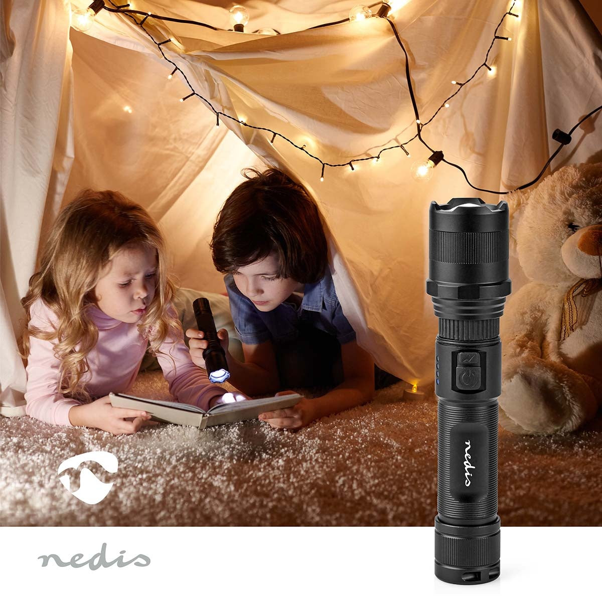 LED flashlight | Battery powered | 3.7 V DC | 10 W| Built-in lithium ion | batteries included | Rechargeable | Indicated luminous flux: 1000 lm | Lighting range: 110 m | Beam angle: 9.5 °