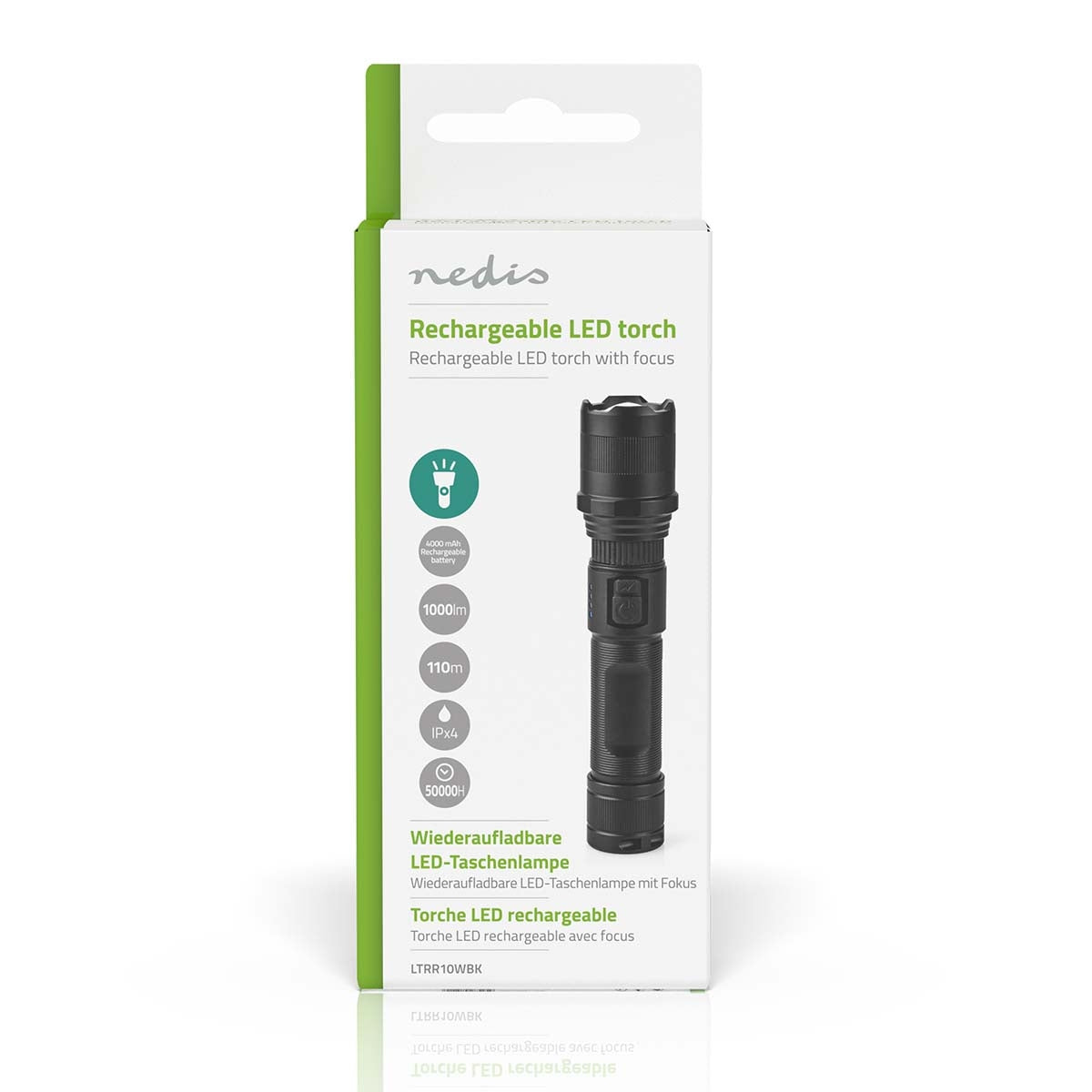 LED flashlight | Battery powered | 3.7 V DC | 10 W| Built-in lithium ion | batteries included | Rechargeable | Indicated luminous flux: 1000 lm | Lighting range: 110 m | Beam angle: 9.5 °