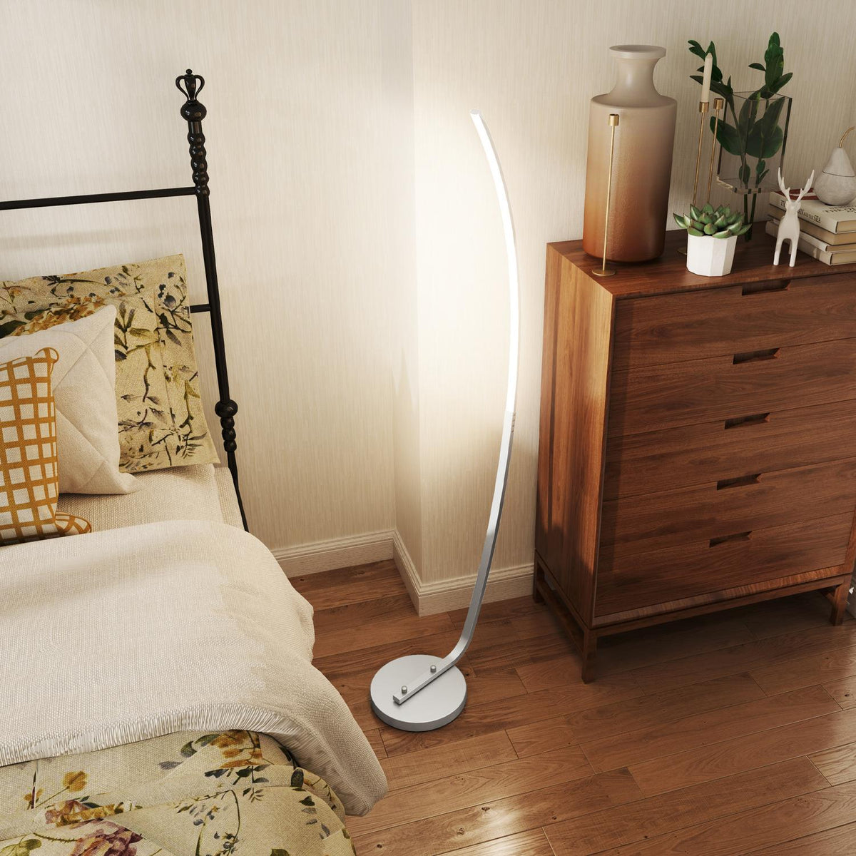LED floor lamp living room floor lamp with foot switch, dimmable floor lamp with adjustable brightness, floor lamp for bedroom, silver