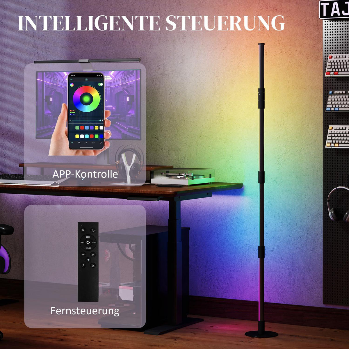 LED floor lamp living room floor lamp with remote control, app control, dimmable floor lamp with timer, music synchronization, floor lamp with scene modes, for bedroom, dark gray