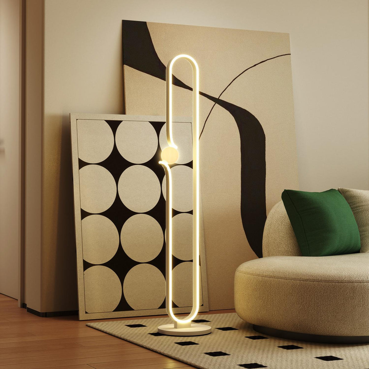 LED floor lamp, musical note design, glass shade, metal, plastic, white