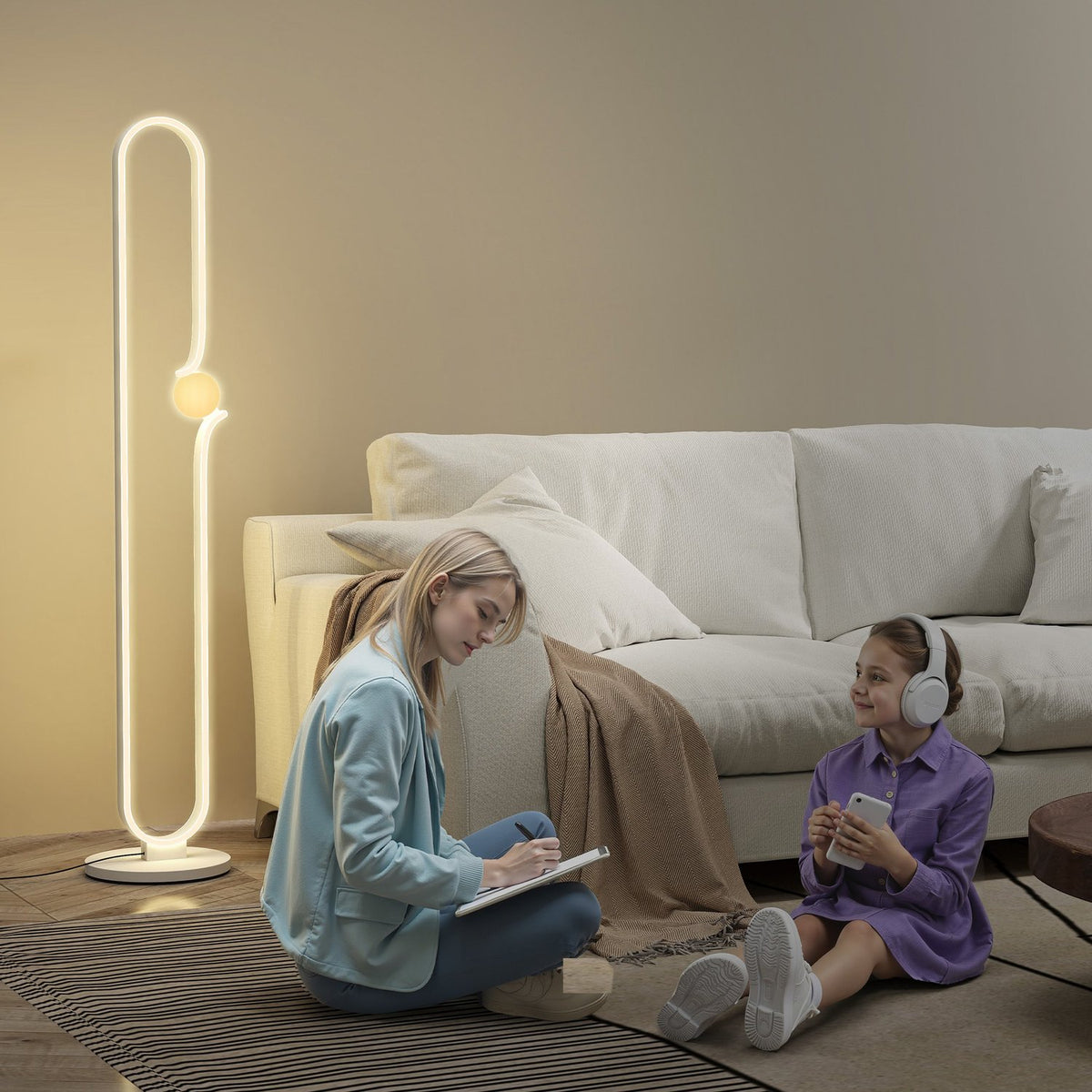 LED floor lamp, musical note design, glass shade, metal, plastic, white