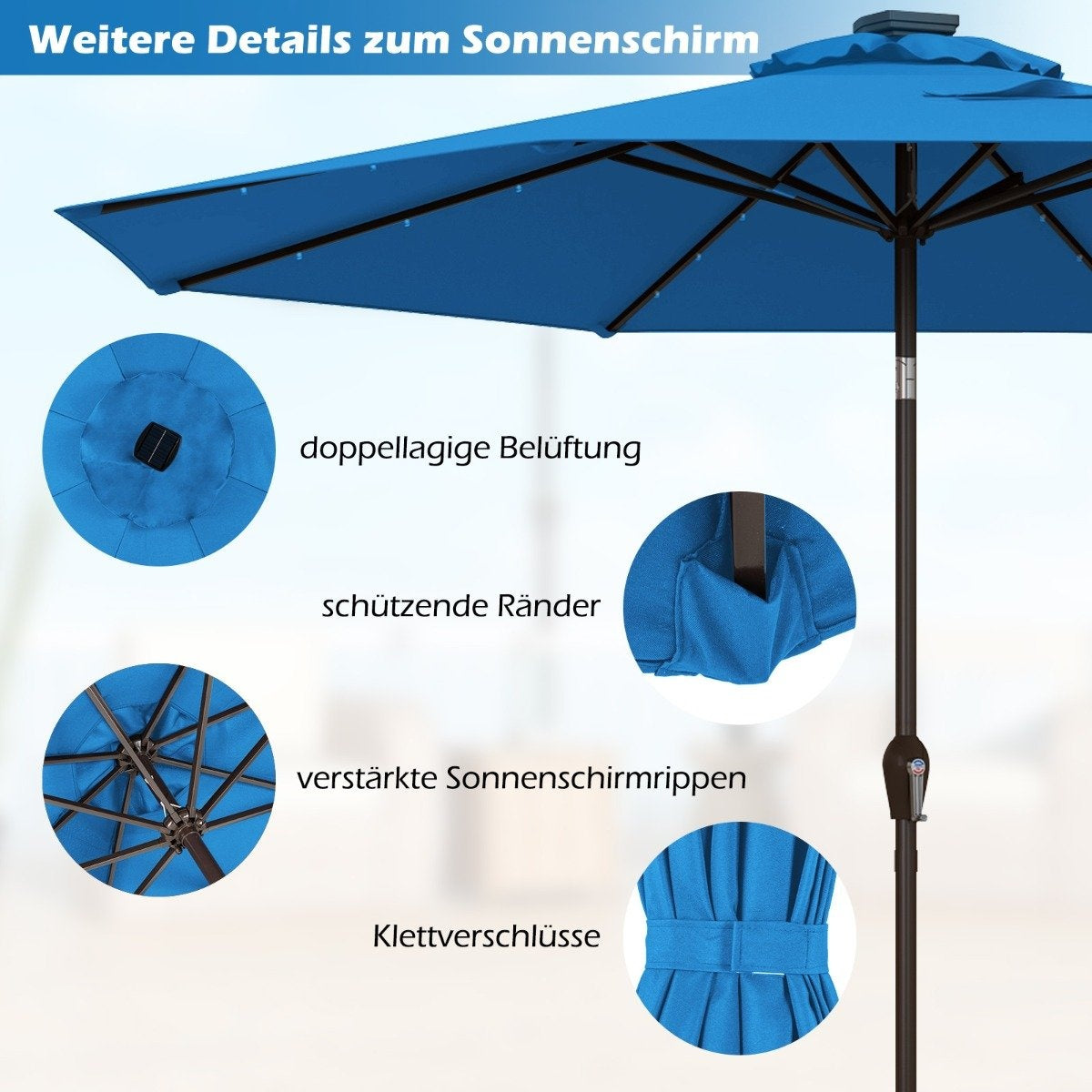 LED lighting cantilever umbrella round parasol solar powered garden umbrella crank blue