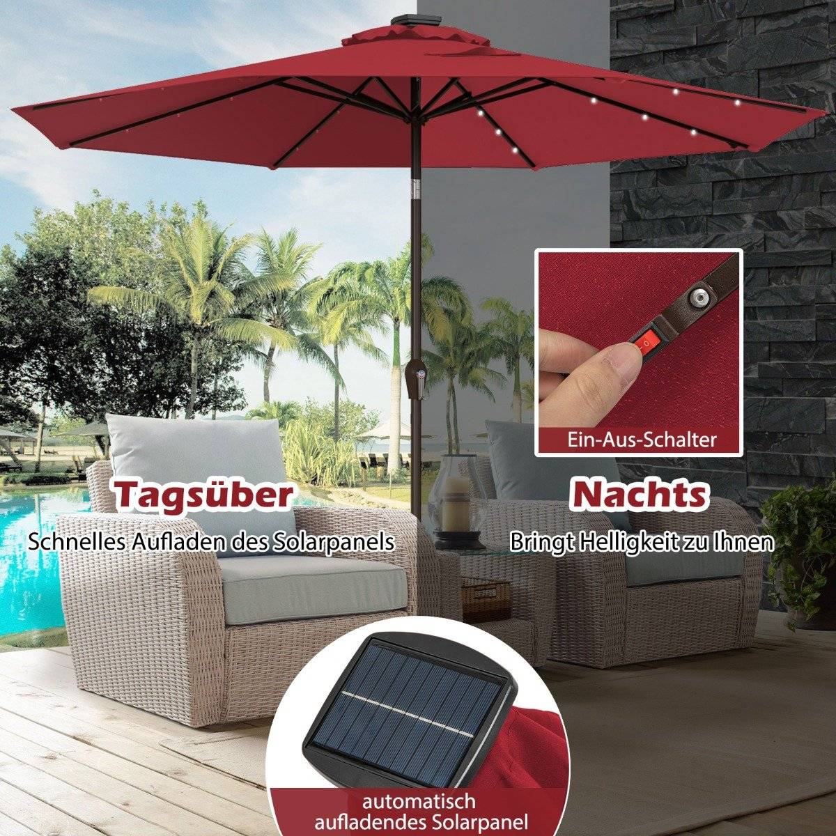 LED lighting cantilever umbrella round parasol solar powered garden umbrella crank red ø 3M