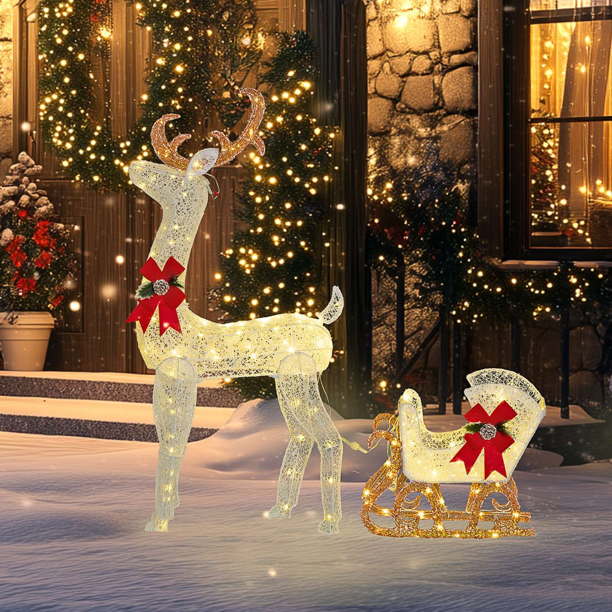 LED reindeer and sleigh Christmas decoration with 170 lights, Christmas lighting deer decoration for indoor, outdoor, white