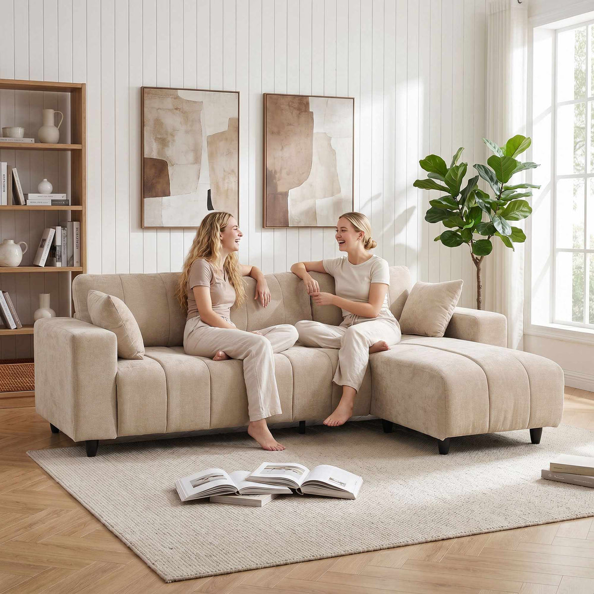 L-Shaped Beige Sofa with Reversible Chaise, 4-Seater