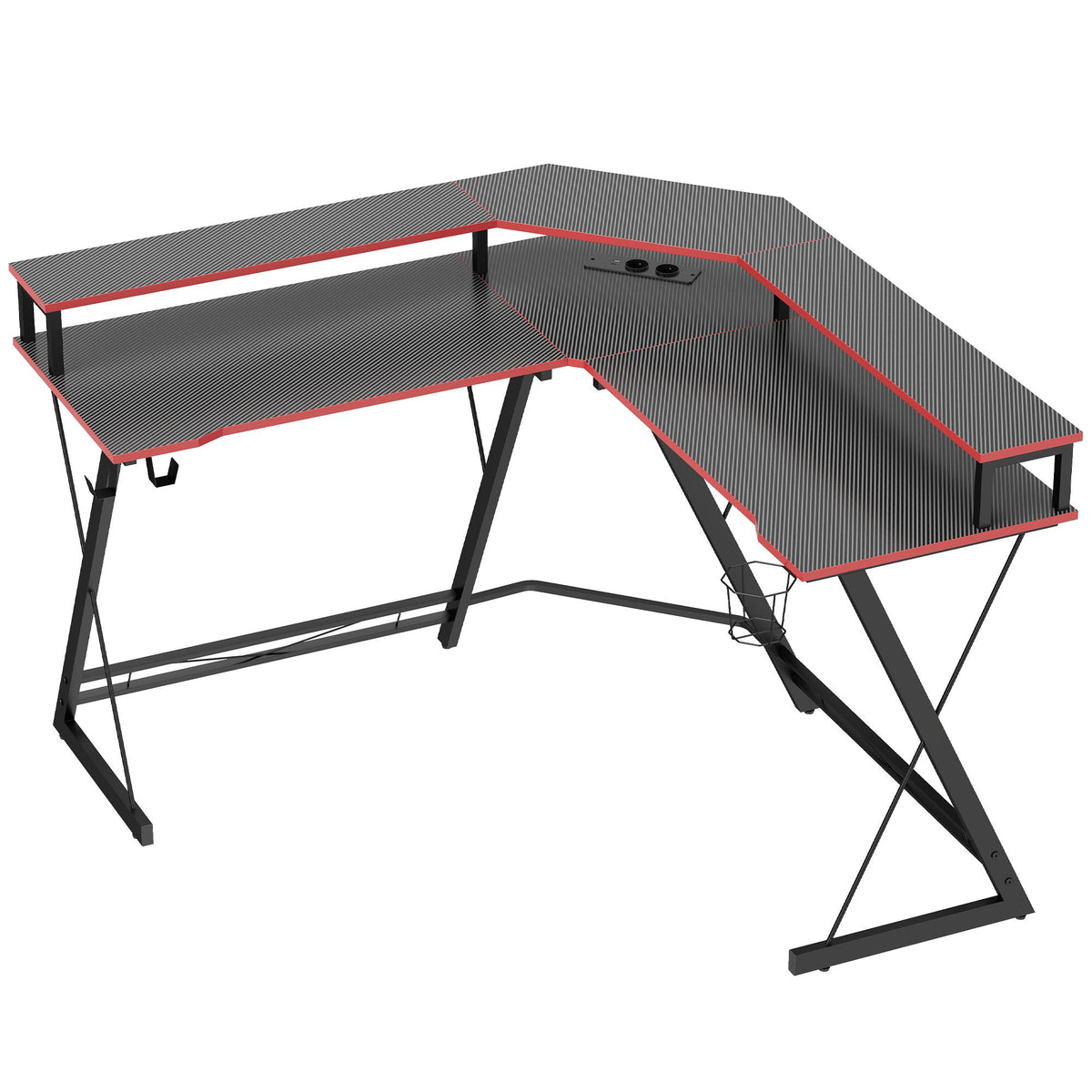 L-Shaped Computer Desk 128 cm with AC/USB Outlets and Monitor Stand