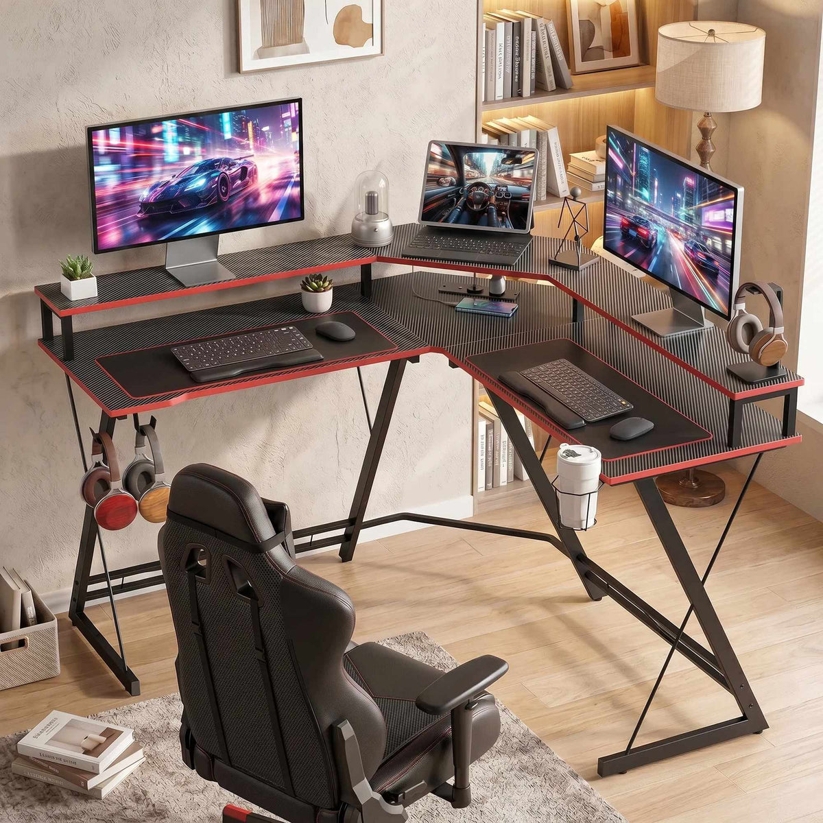 L-Shaped Computer Desk 128 cm with AC/USB Outlets and Monitor Stand