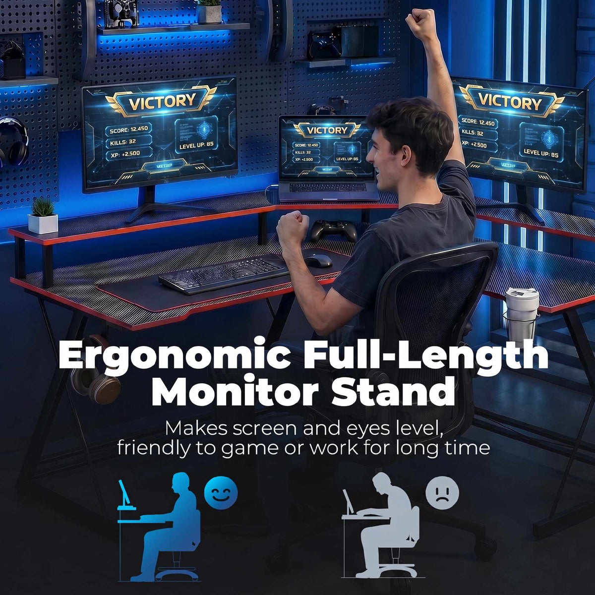 L-Shaped Computer Desk 128 cm with AC/USB Outlets and Monitor Stand