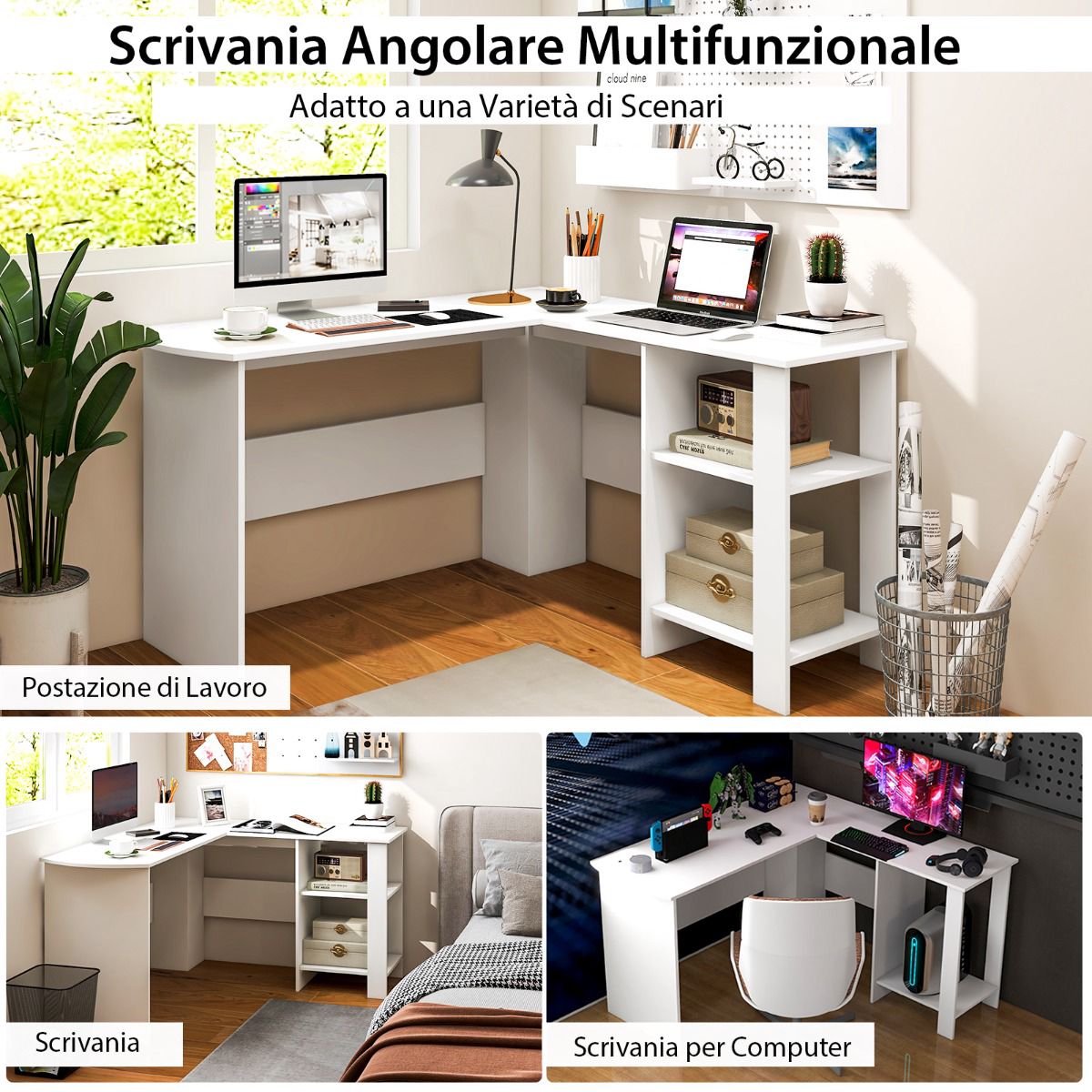 L-Shaped Computer Desk, 2 Cable Holes, Shelves, White
