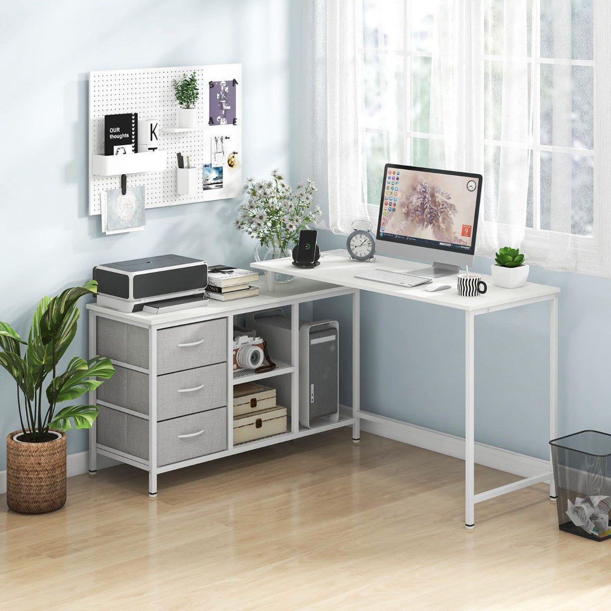L-Shaped Computer Desk, Power Outlet, 3 Drawers, White