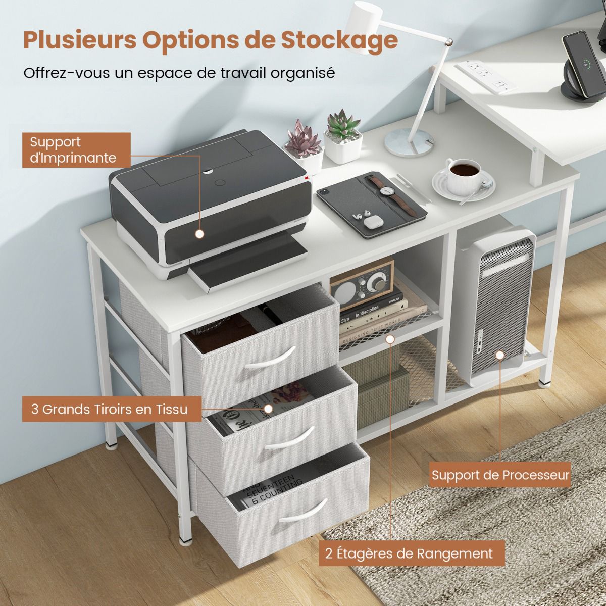 L-Shaped Computer Desk, Power Outlet, 3 Drawers, White