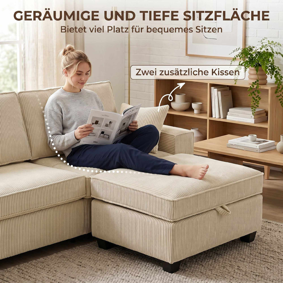 L-Shaped Cord Sofa with Reversible Storage Ottoman, Beige