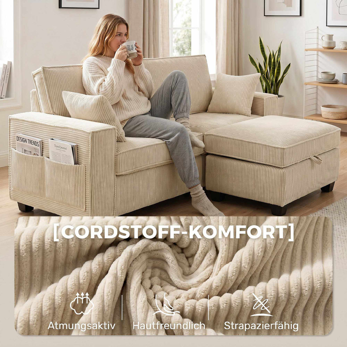 L-Shaped Cord Sofa with Reversible Storage Ottoman, Beige