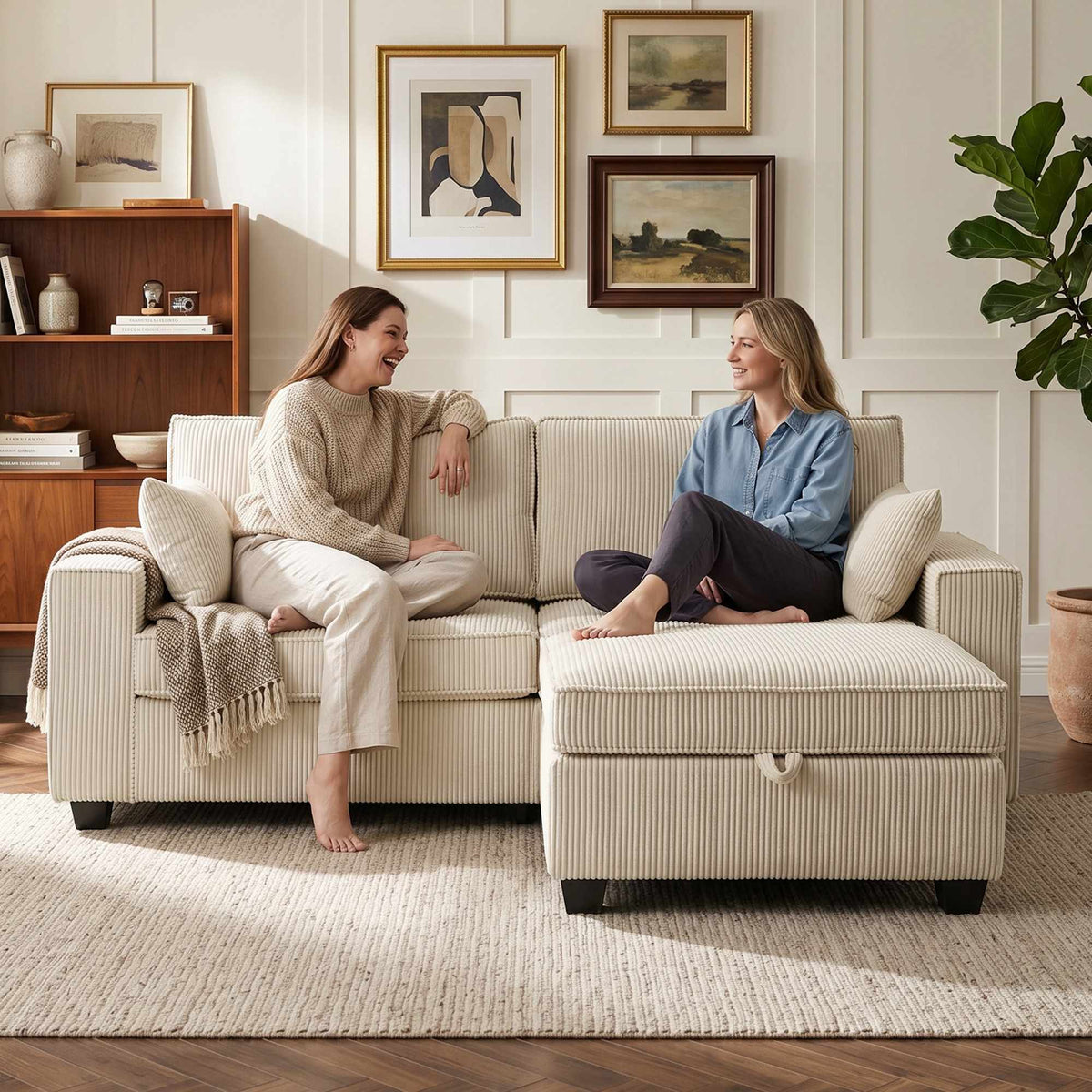 L-Shaped Cord Sofa with Reversible Storage Ottoman, Beige