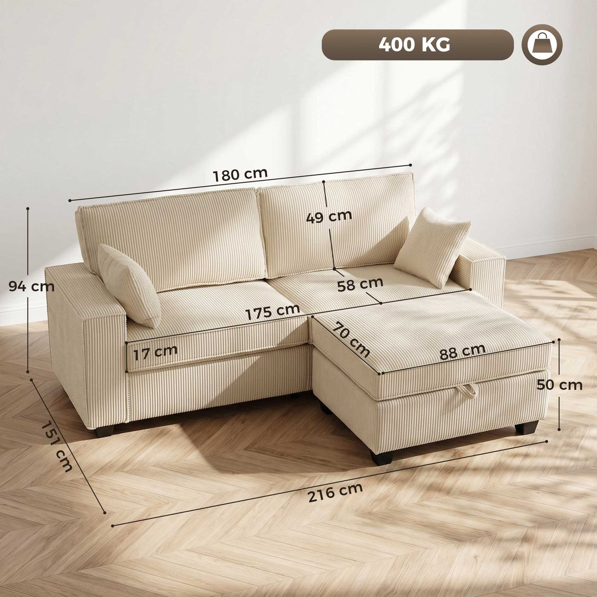 L-Shaped Cord Sofa with Reversible Storage Ottoman, Beige