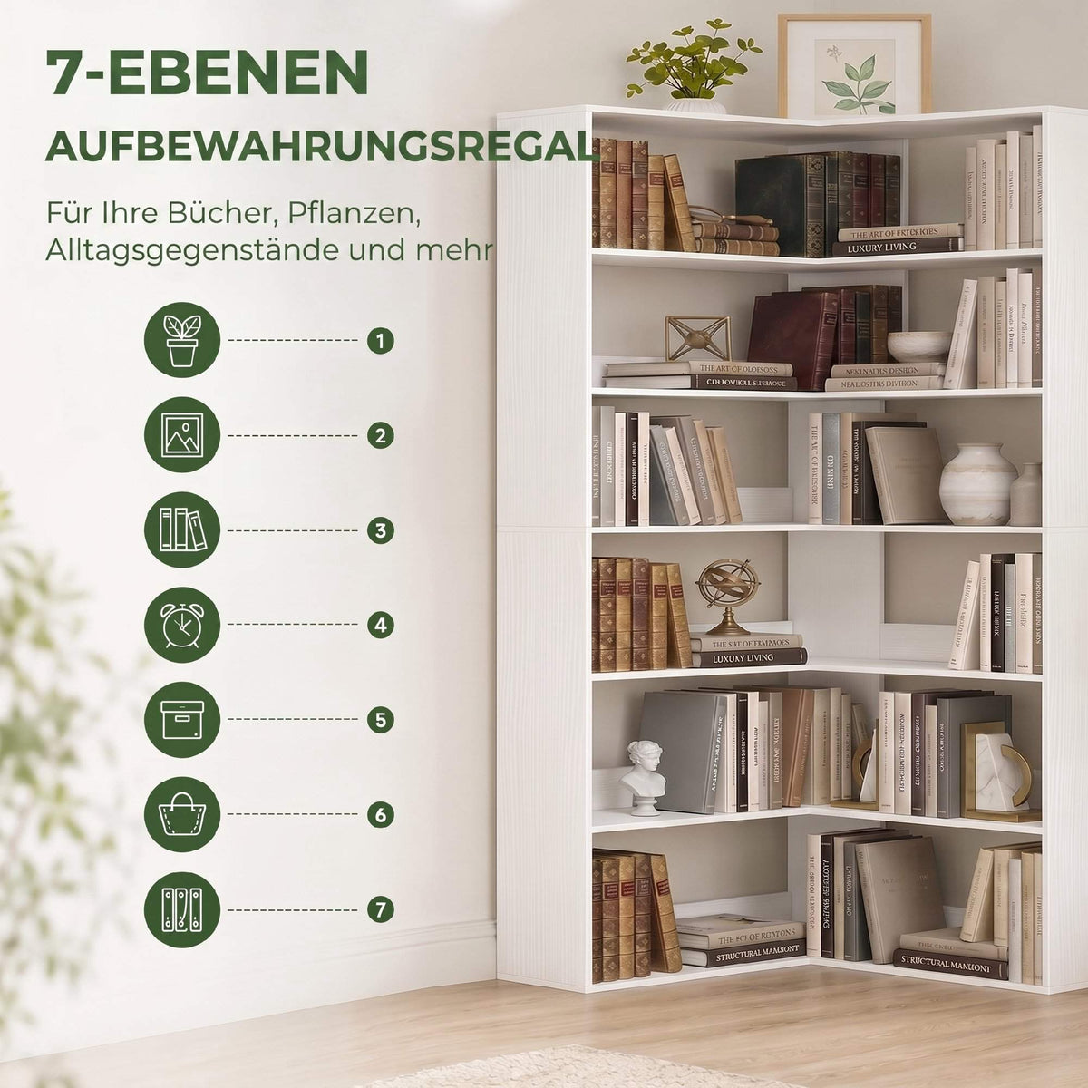 L-Shaped Corner Bookshelf, 7-Tier, White Wood Look