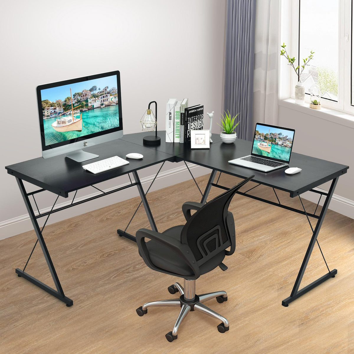 L-Shaped Corner Desk 59-Inch, MDF and Steel, Black