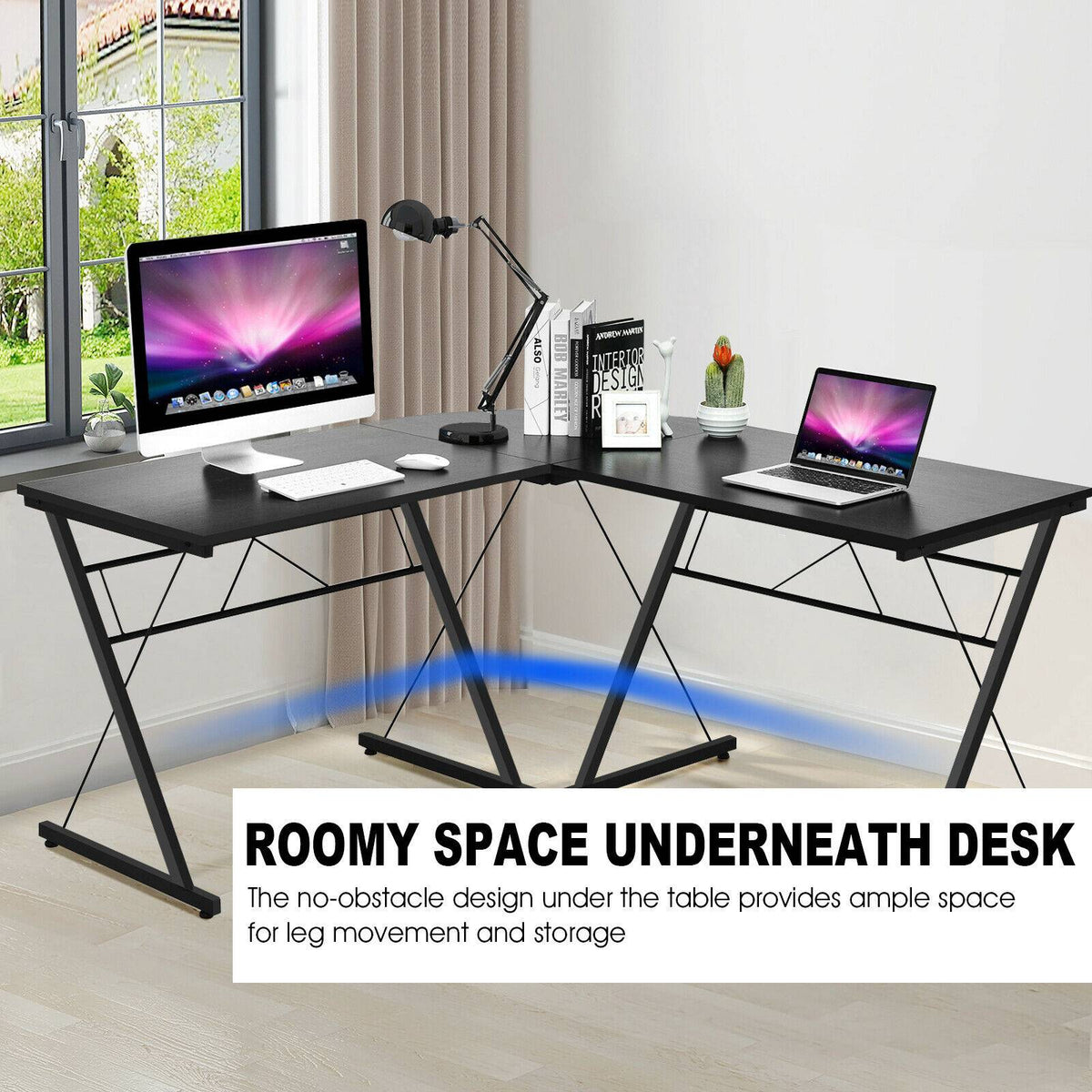 L-Shaped Corner Desk 59-Inch, MDF and Steel, Black