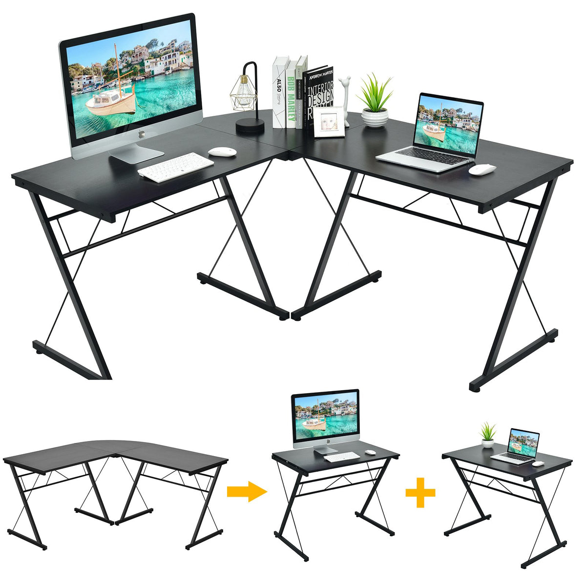 L-Shaped Corner Desk 59-Inch, MDF and Steel, Black