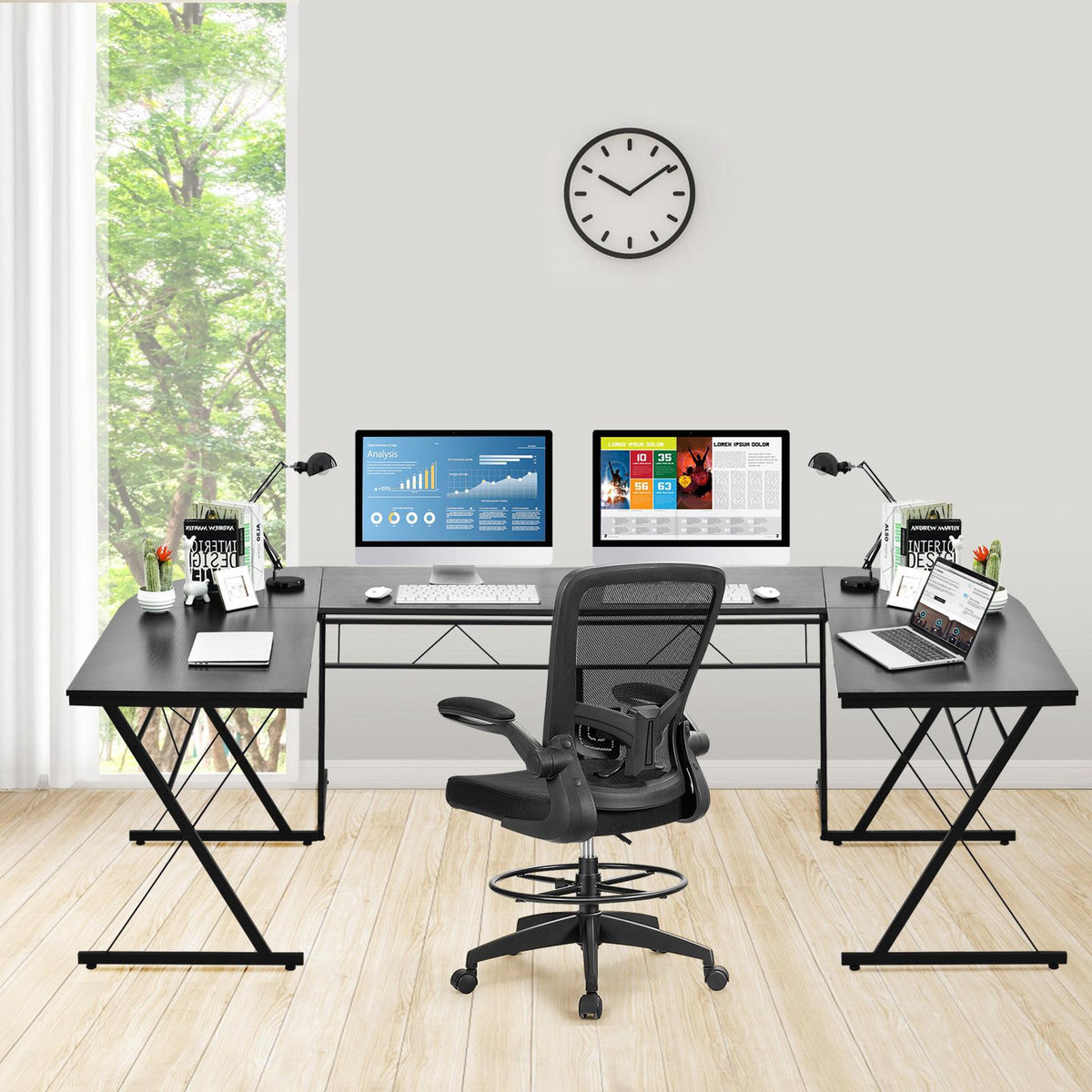 L-Shaped Corner Desk 59-Inch, MDF and Steel, Black