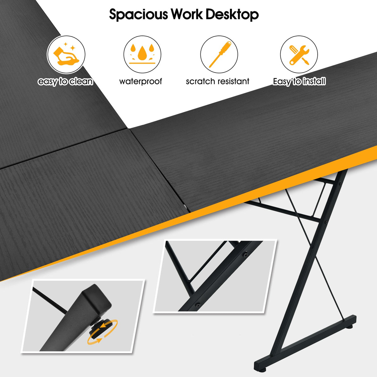 L-Shaped Corner Desk 59-Inch, MDF and Steel, Black
