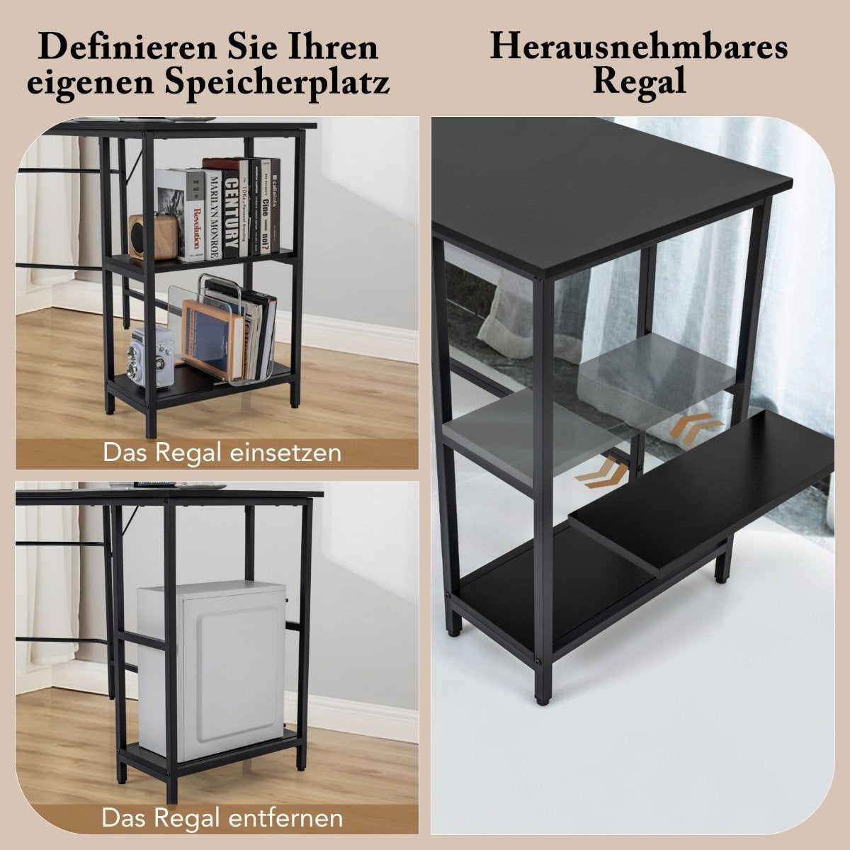 L-Shaped Corner Desk with 2 Shelves, Black