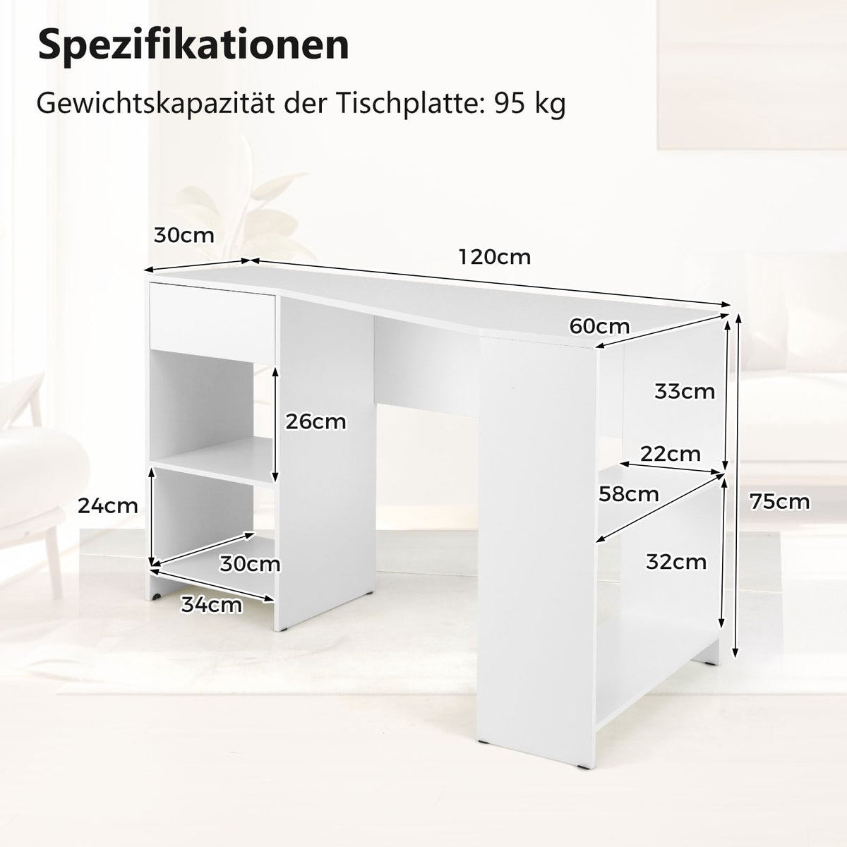 L-Shaped Corner Desk with Drawer & Shelves, White