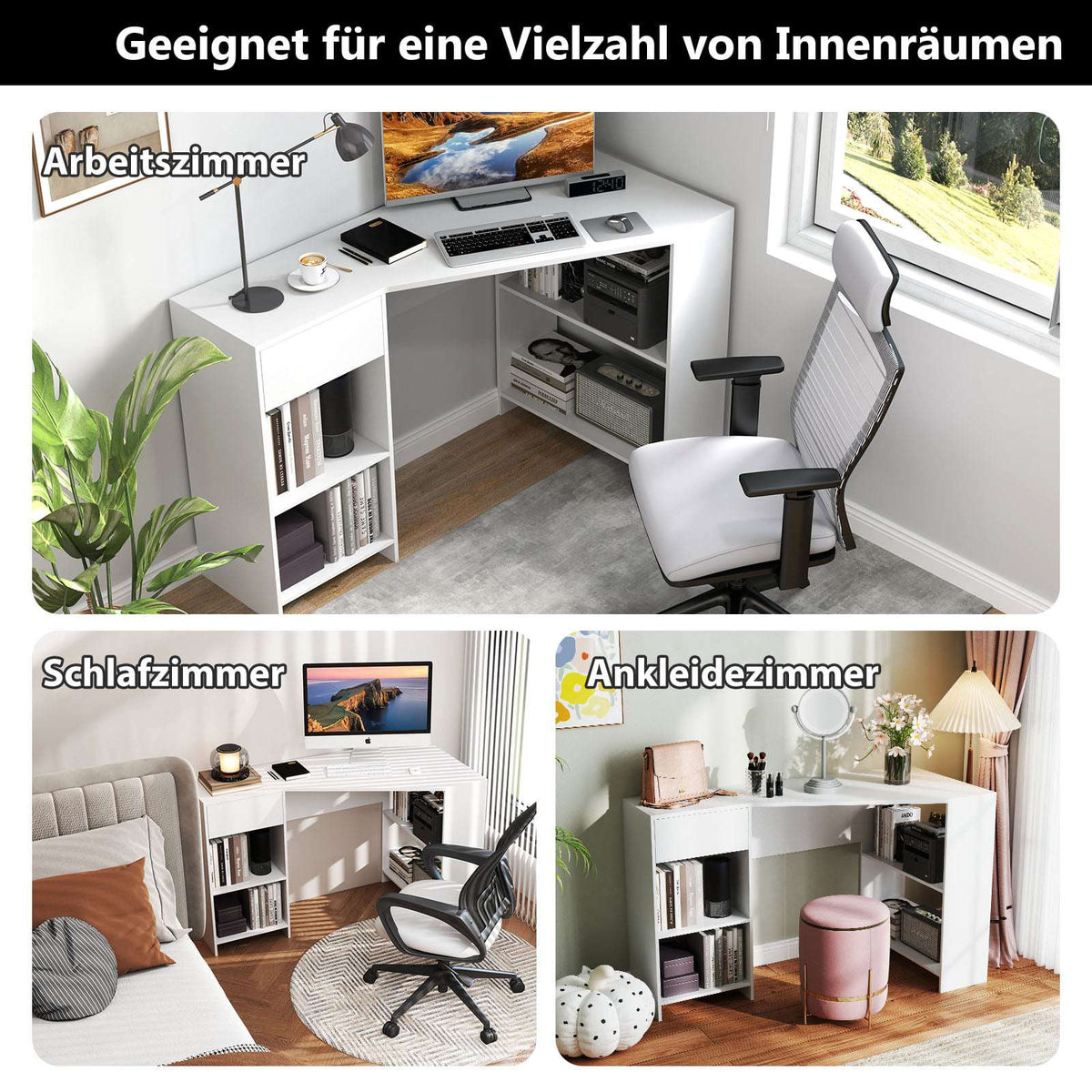 L-Shaped Corner Desk with Drawer & Shelves, White