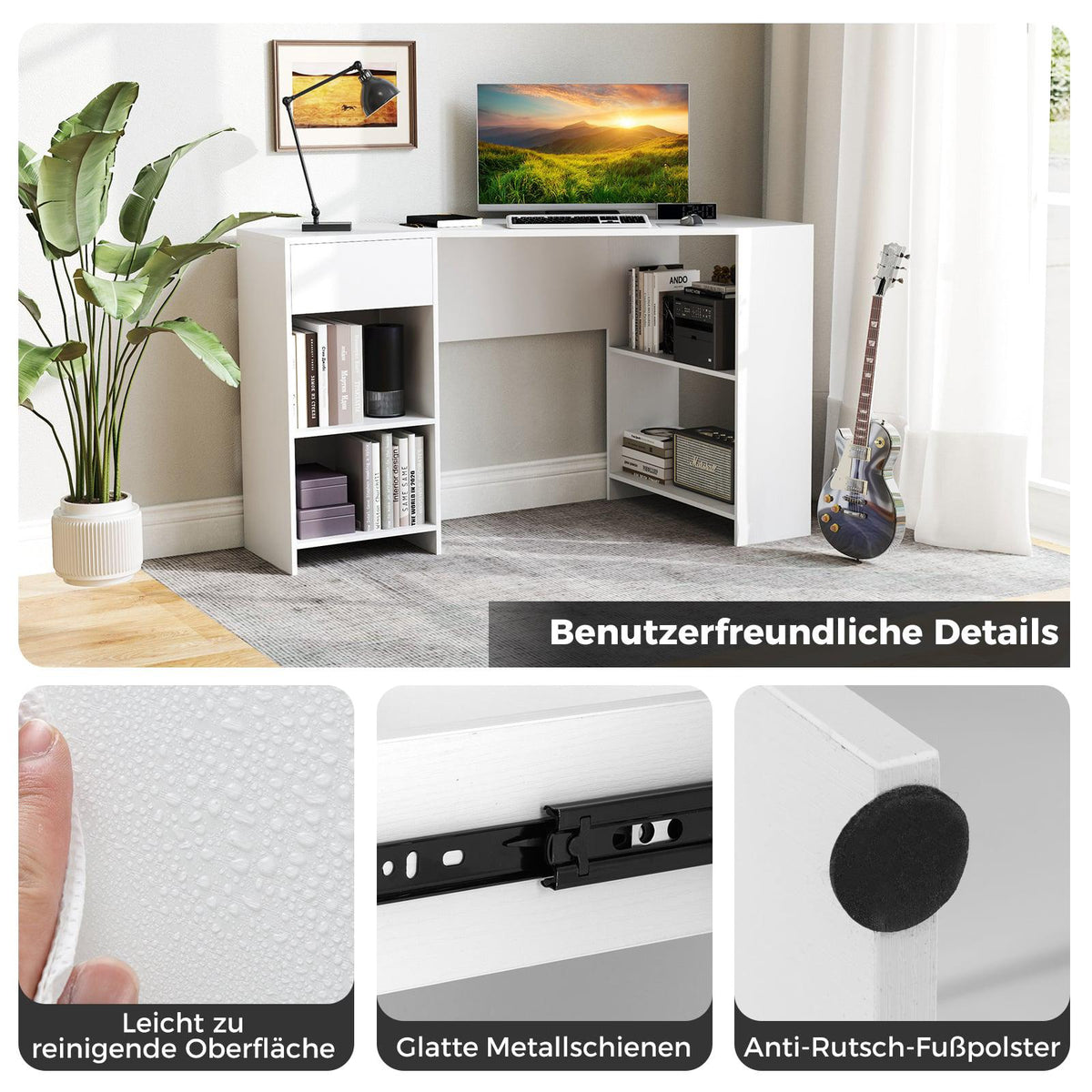 L-Shaped Corner Desk with Drawer & Shelves, White