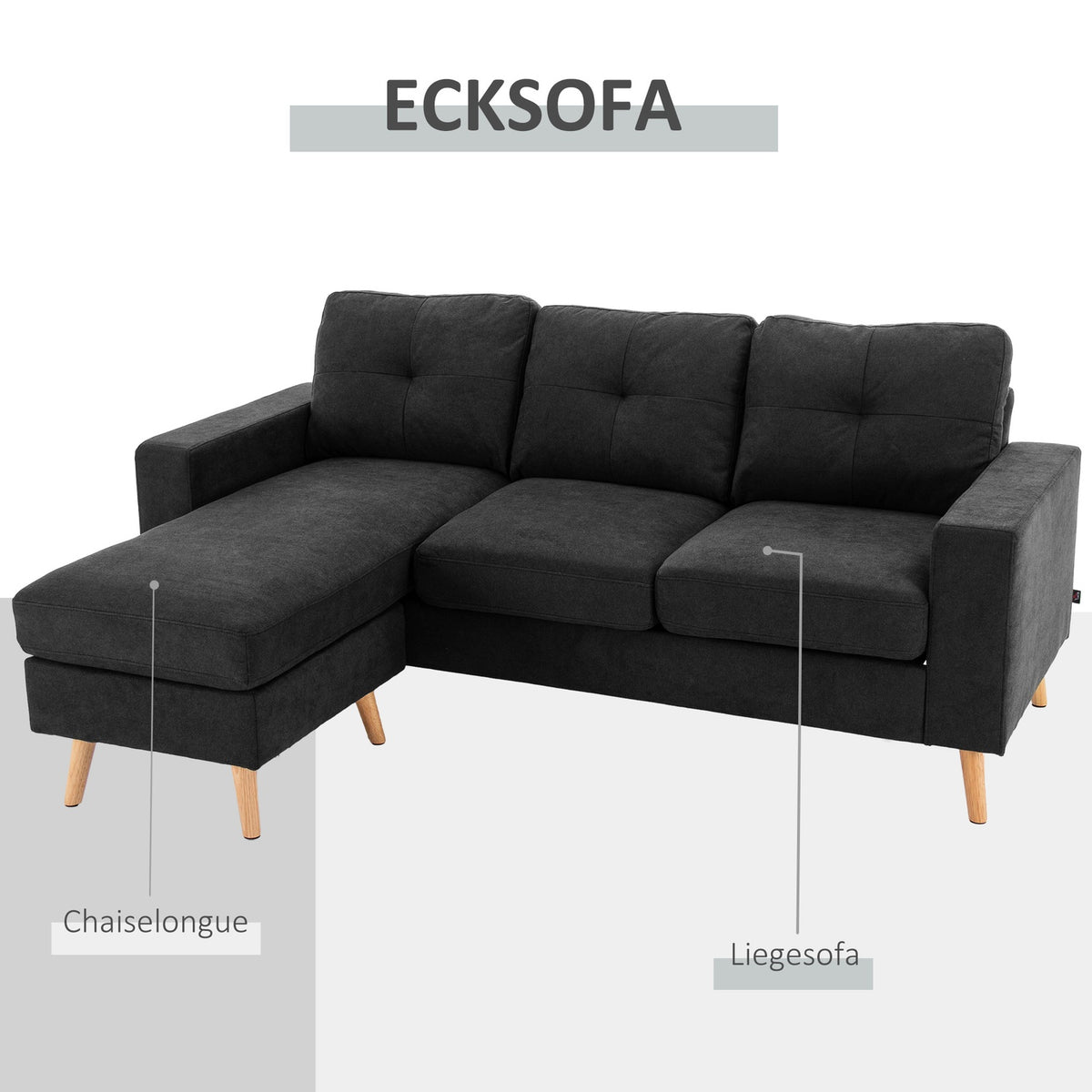 L-Shaped Corner Sofa Black Corner Couch With Chaise Longue Linen Look For Living Room 3 People