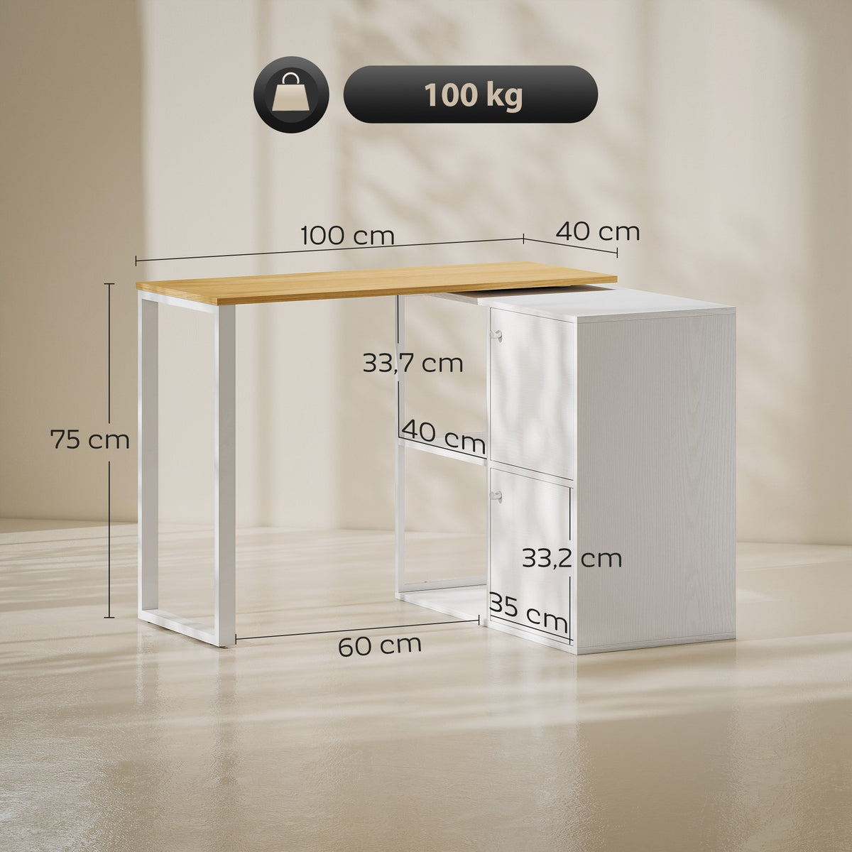 L-Shaped Desk, Rotating Corner, 2 Cabinets, 2 Shelves, 150x40x75 cm, White