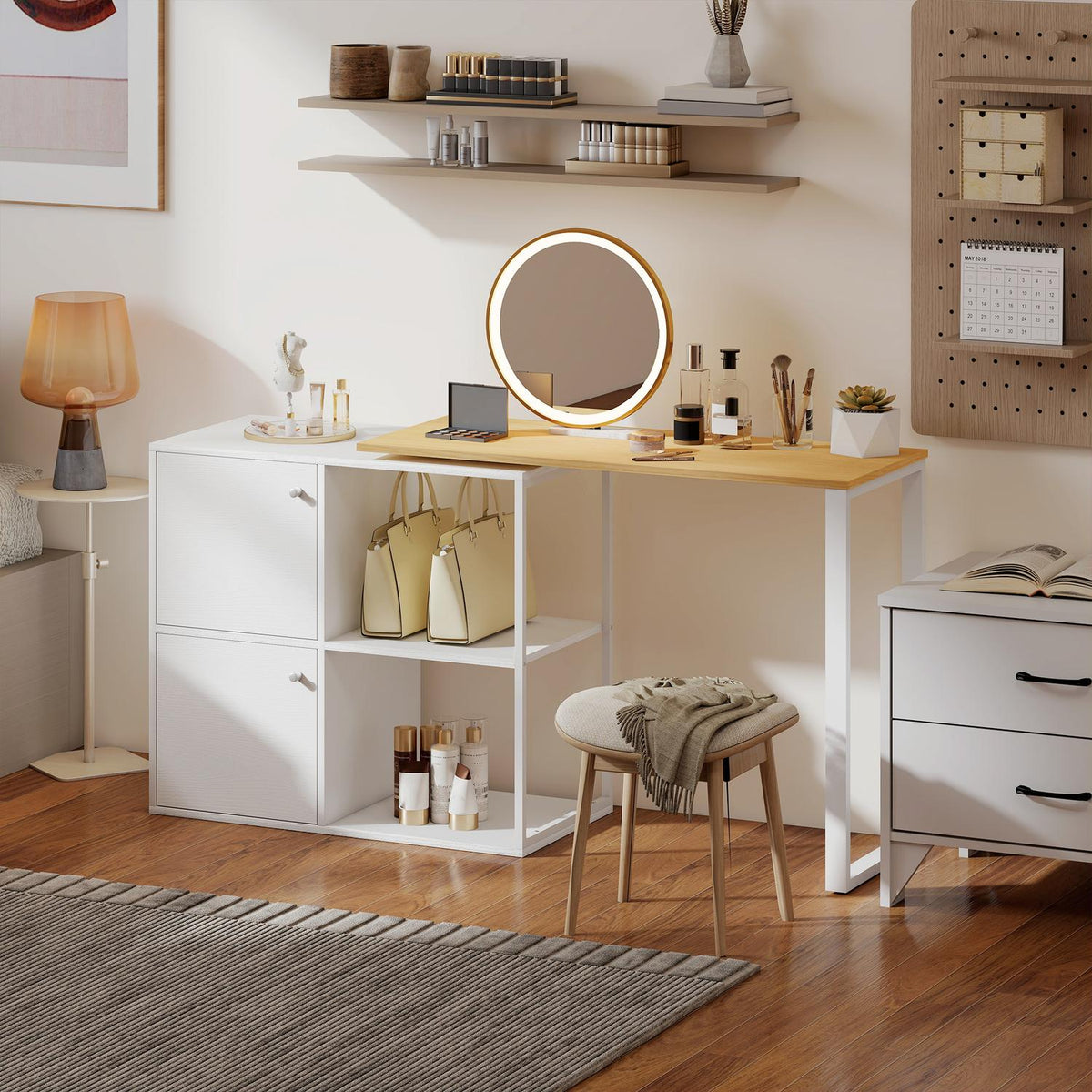L-Shaped Desk, Rotating Corner, 2 Cabinets, 2 Shelves, 150x40x75 cm, White