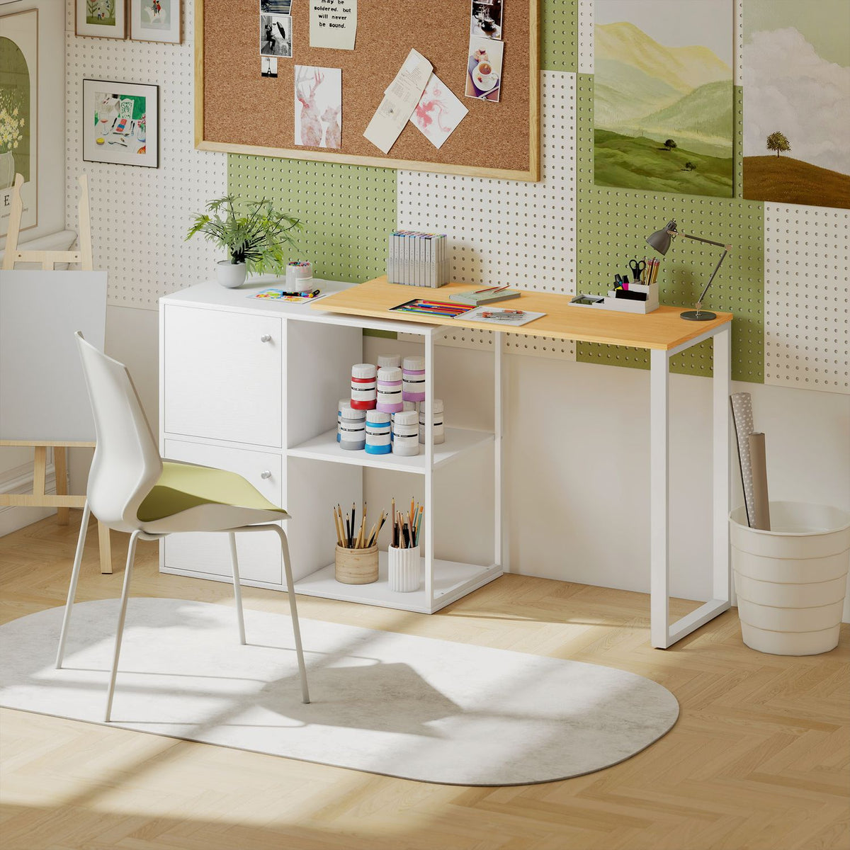 L-Shaped Desk, Rotating Corner, 2 Cabinets, 2 Shelves, 150x40x75 cm, White