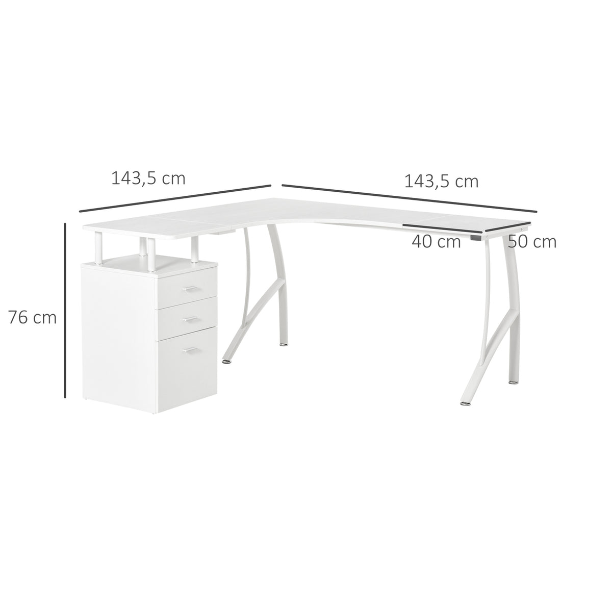 L-Shaped Desk With Drawers, Mdf Metal, Home Office Corner, Industrial Style, White, 143.5X143.5X76Cm