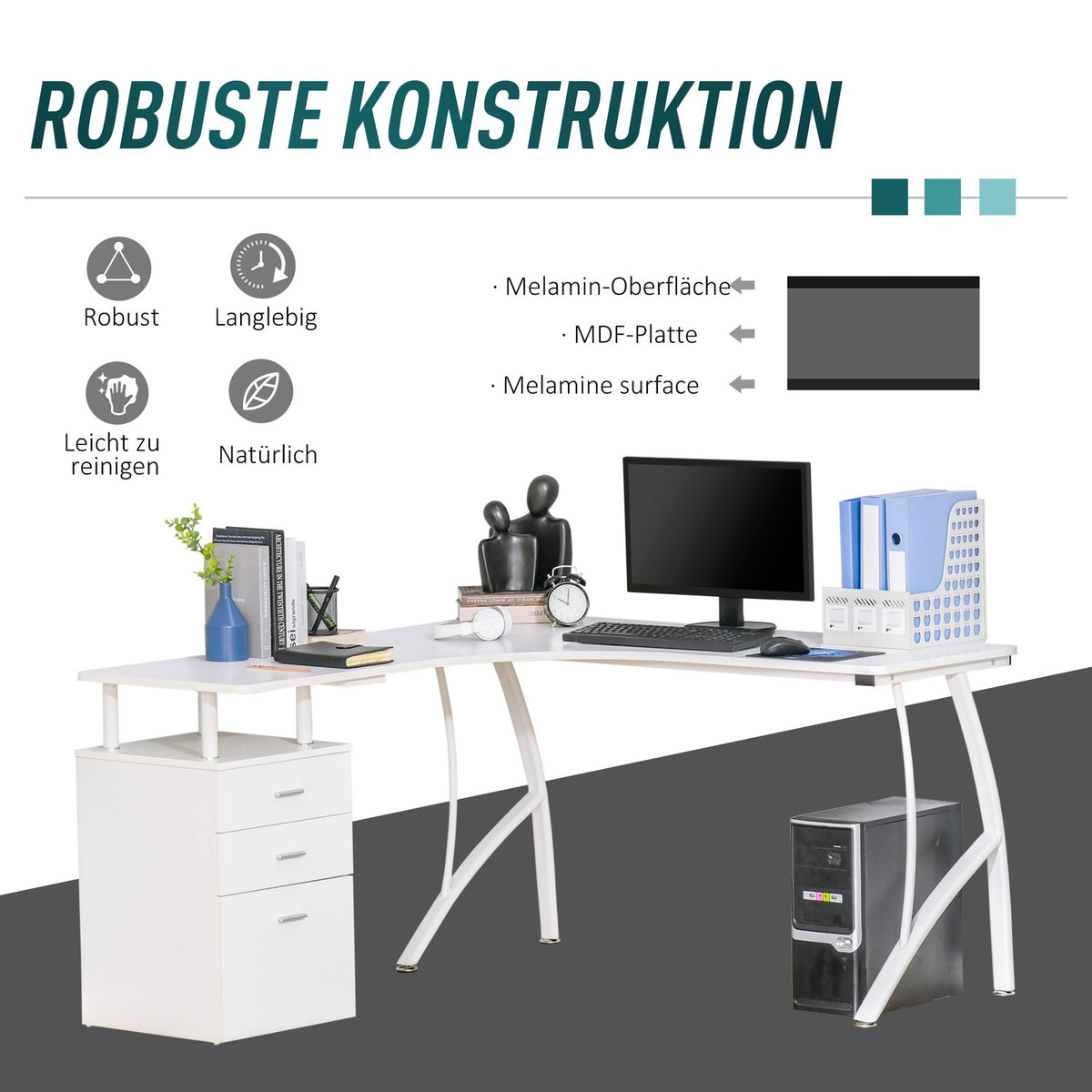 L-Shaped Desk With Drawers, Mdf Metal, Home Office Corner, Industrial Style, White, 143.5X143.5X76Cm