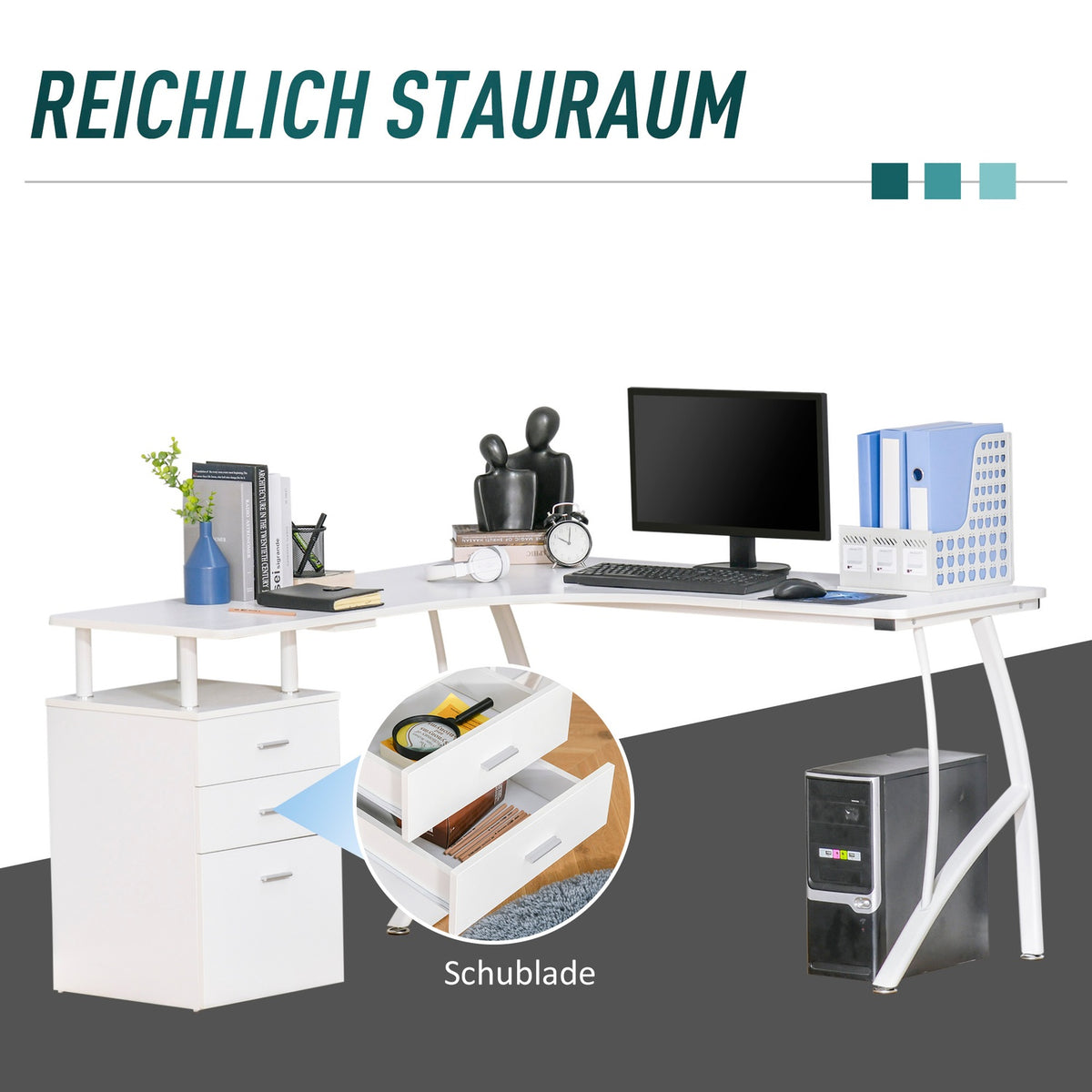 L-Shaped Desk With Drawers, Mdf Metal, Home Office Corner, Industrial Style, White, 143.5X143.5X76Cm