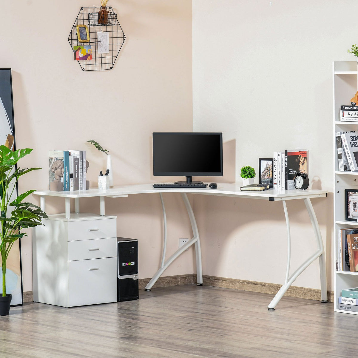 L-Shaped Desk With Drawers, Mdf Metal, Home Office Corner, Industrial Style, White, 143.5X143.5X76Cm