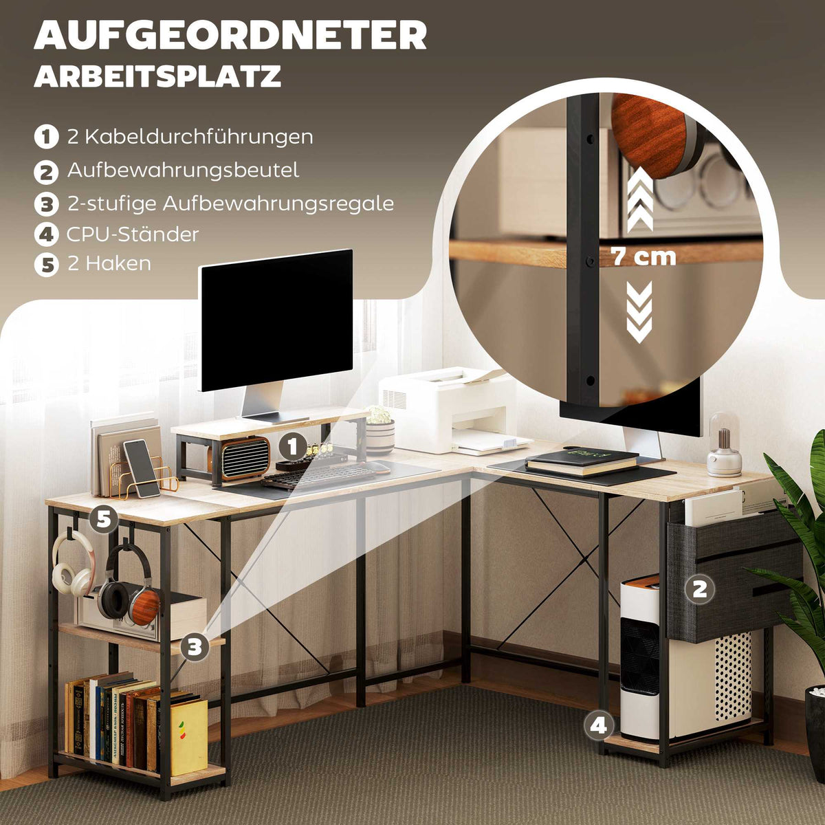 L-Shaped Desk with Adjustable Shelves and Storage Bag