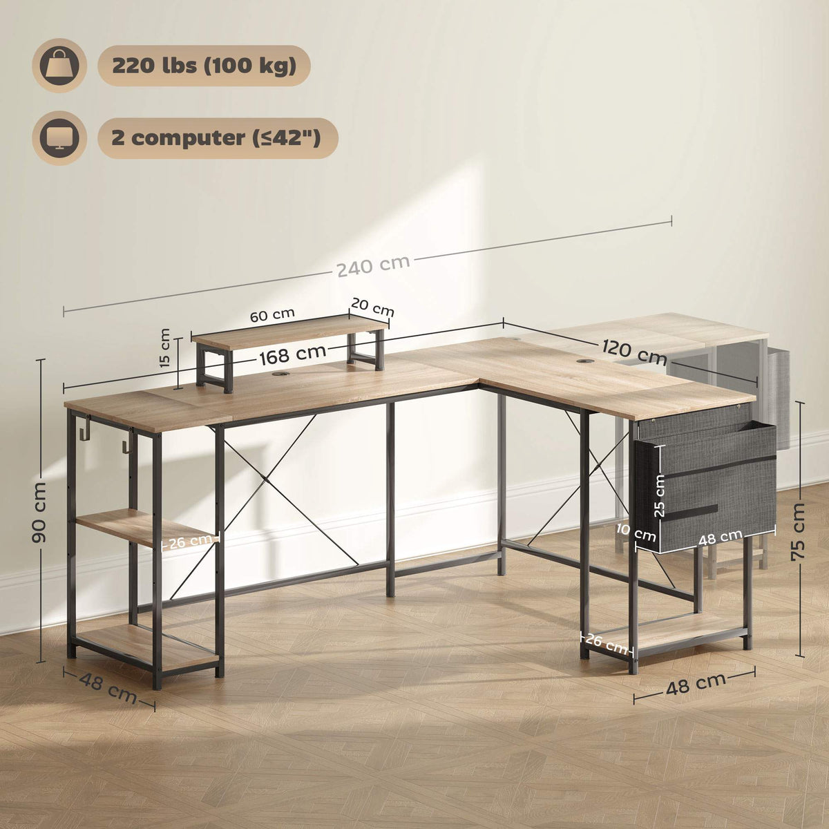 L-Shaped Desk with Adjustable Shelves and Storage Bag