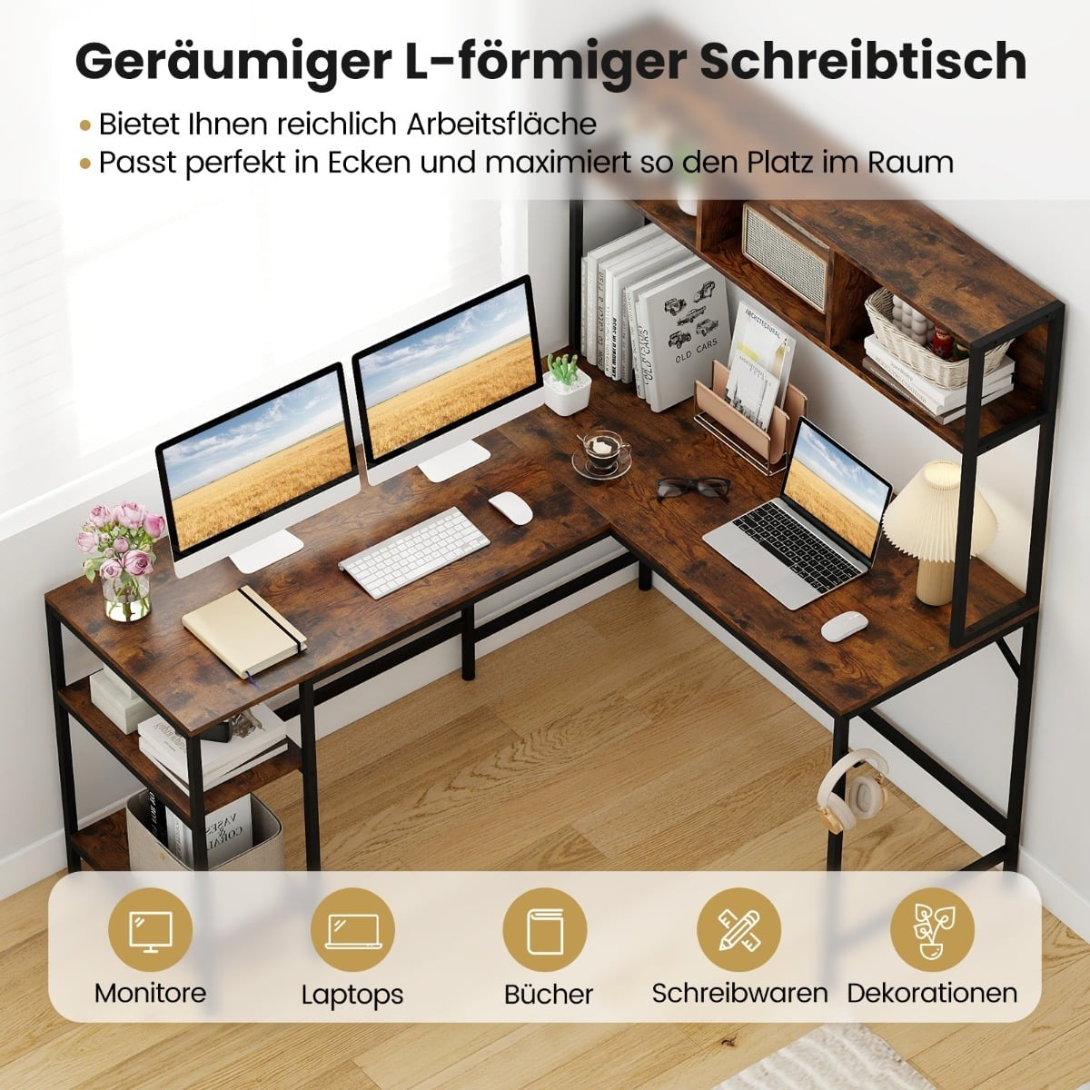 L-Shaped Desk with Bookshelf, Corner Computer Table, Rustic Brown