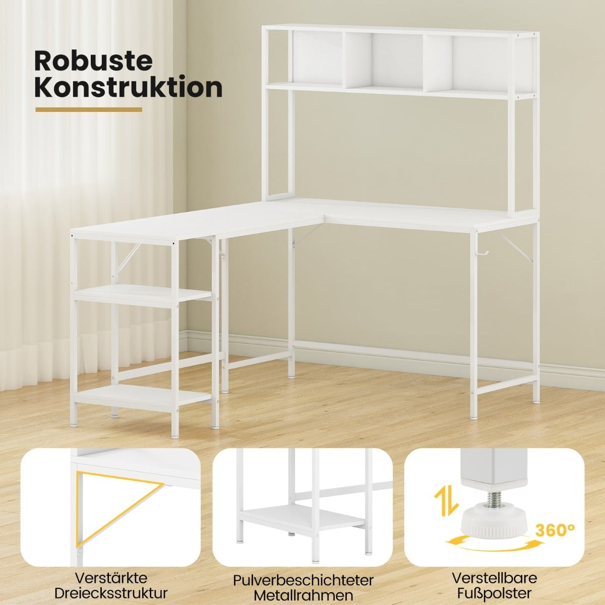 L-Shaped Desk with Bookshelf, White – Space-Saving Design