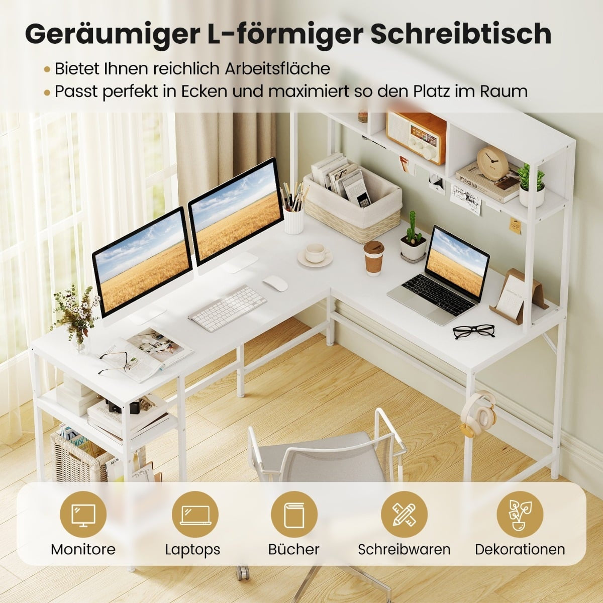 L-Shaped Desk with Bookshelf, White – Space-Saving Design